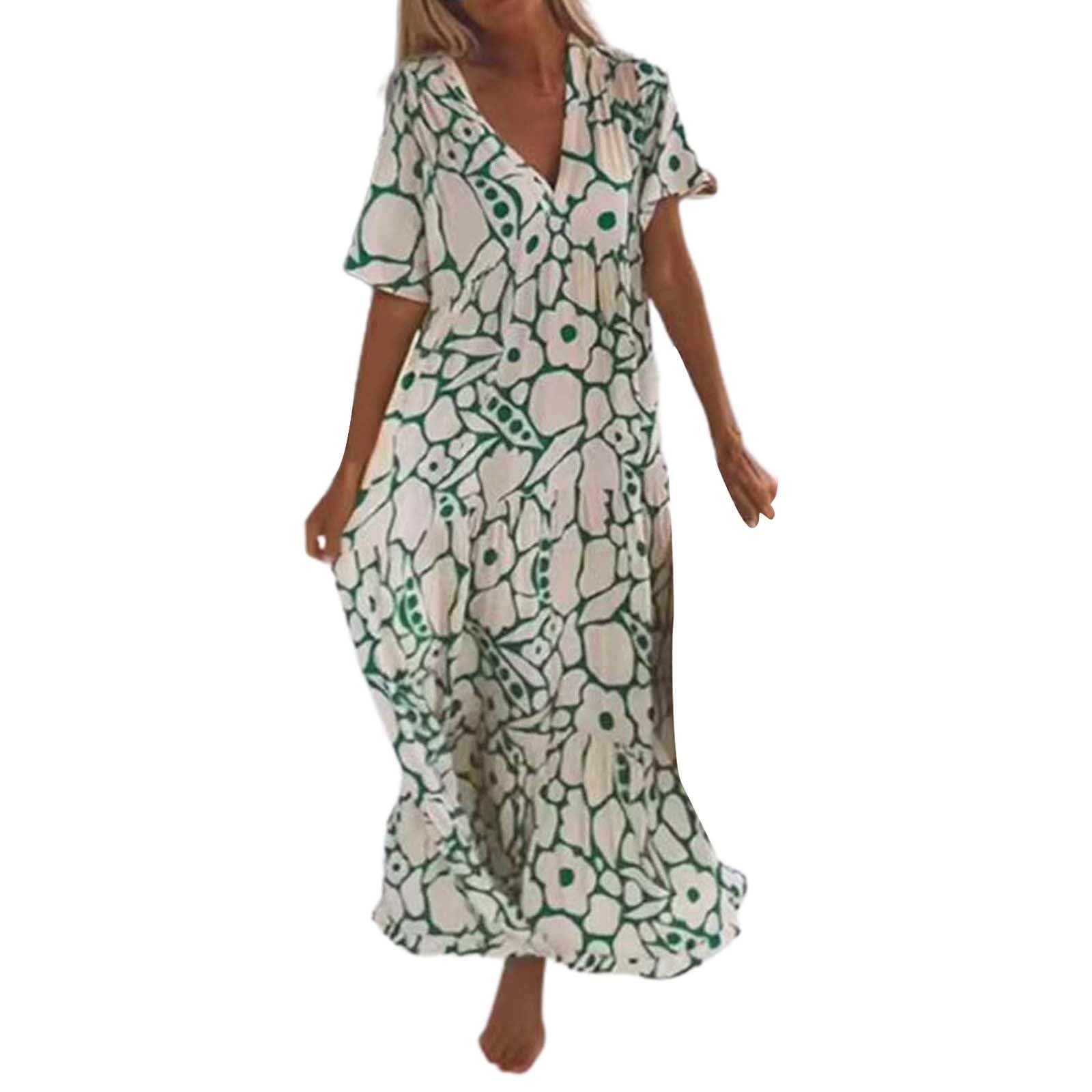 Boho Beach Maxi Dress for Women - Casual Short Sleeve V-Neck Loose Sundress with Floral Print, Knee Length Summer Dress (Green, XL) | Perfect for Beach Vacations, Pool Parties, and Summer Outings