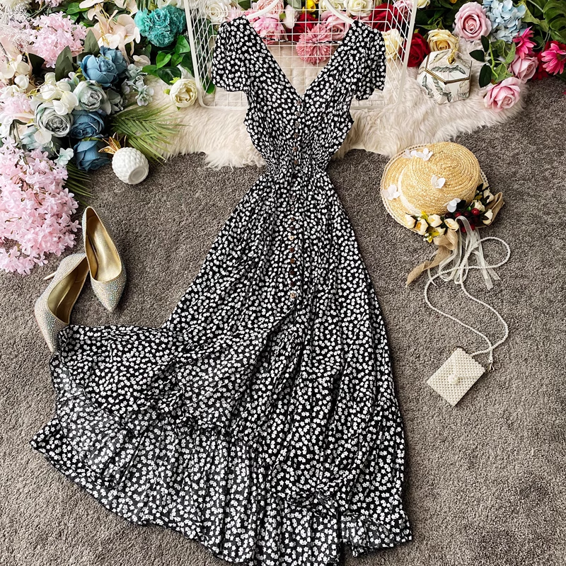 Elegant Fairy Floral Print Maxi Dress with Open Back & Pleated Skirt - Perfect for Summer Weddings, Beach Vacations & Boho Fashion