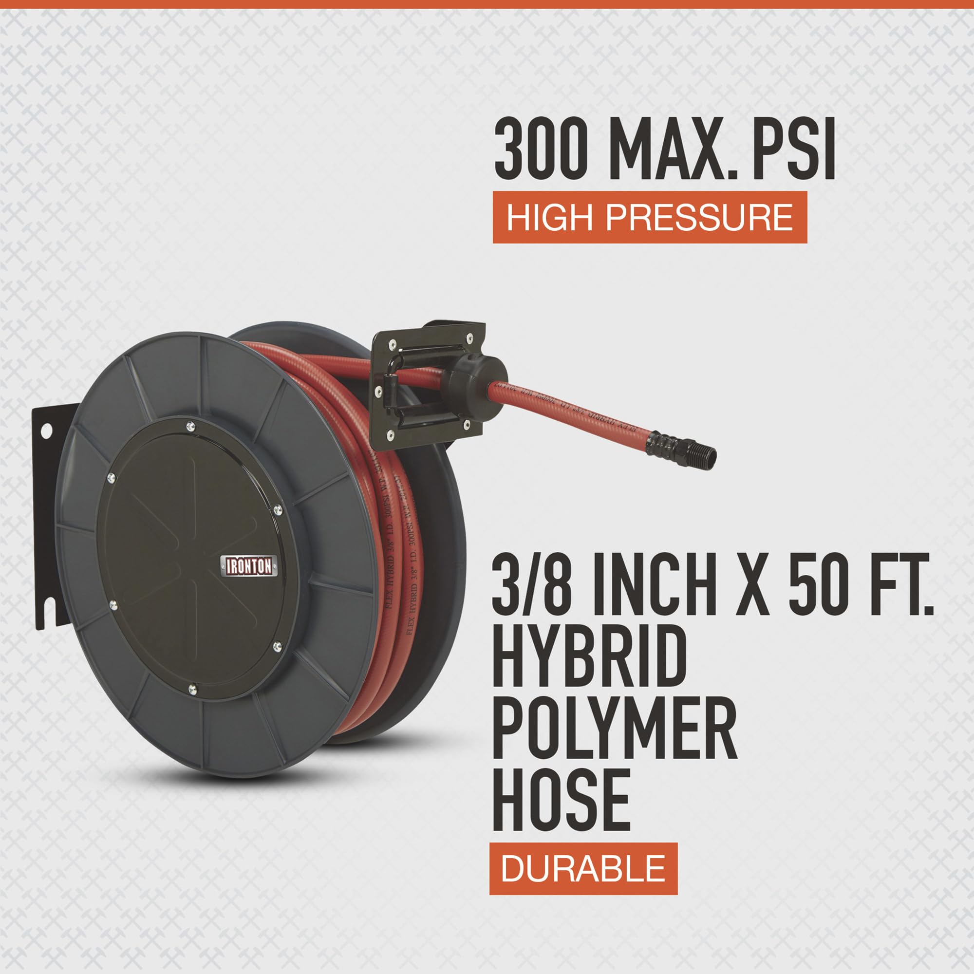 Ironton Auto Rewind Air Hose Reel with 3/8in. x 50ft. Hybrid Polymer Hose - 300 PSI Max Pressure for Garage, Workshop & Automotive Use