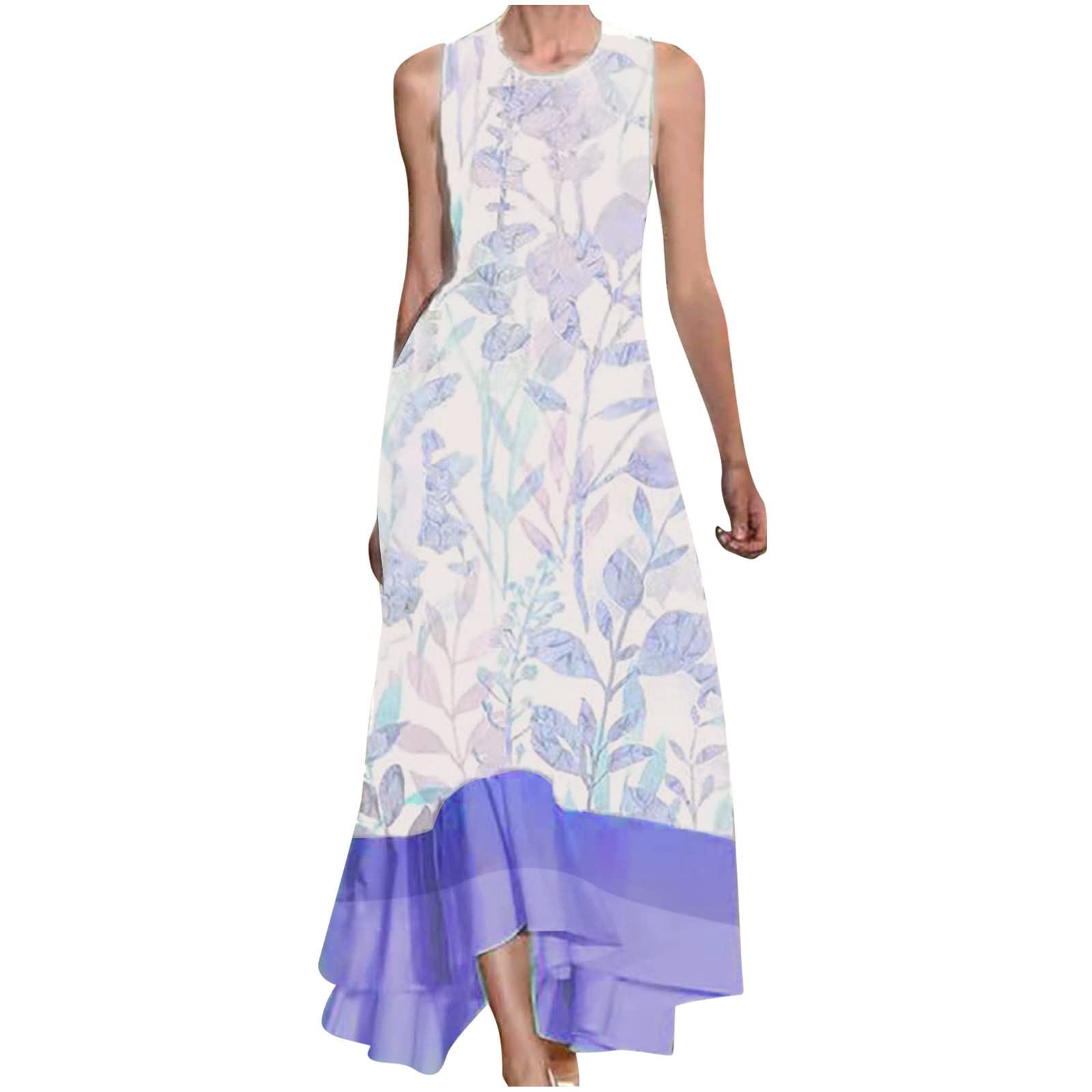 Pkeoh Women's Maxi Dress - Summer Casual Sleeveless Round Neck Flowy Beach Dress with Floral Print | Perfect for Vacation, Pool Party & Boho Outfits