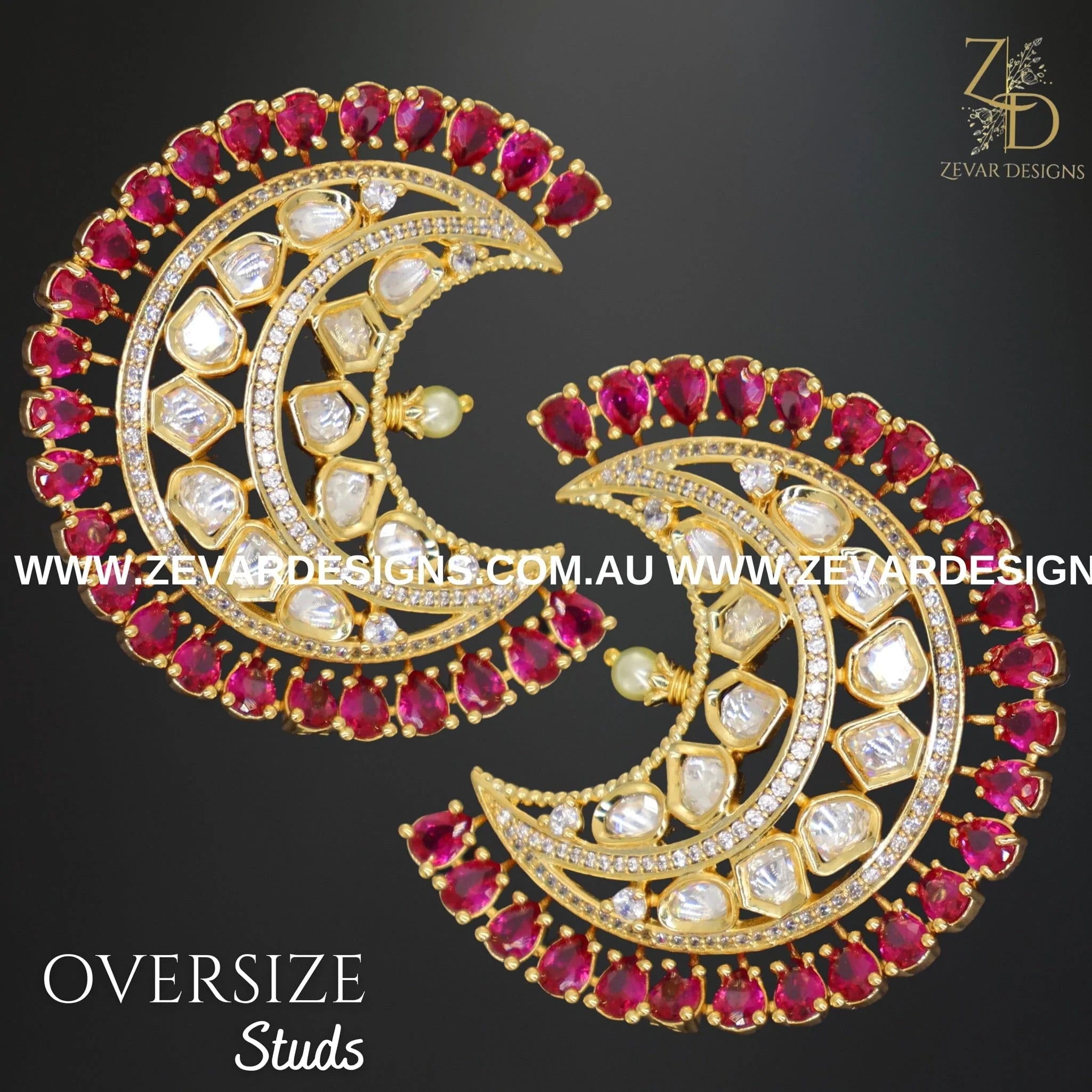 AD and Kundan Polki Oversize Stud Earrings in Red - Stylish Indian Jewelry for Parties, Weddings & Festive Occasions