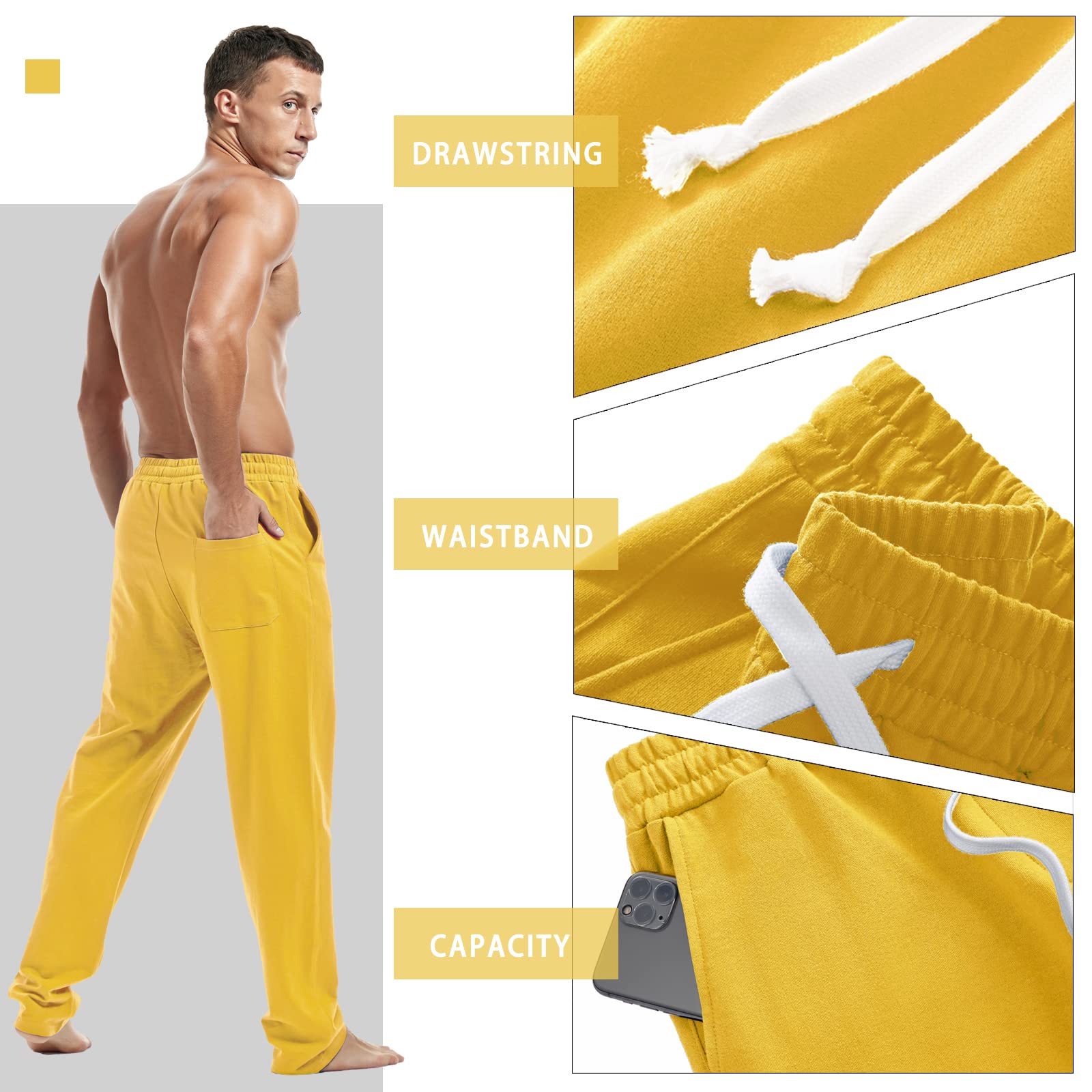 AMY COULEE Men's Cotton Athletic Pants - Open Bottom Running Sweatpants, Straight Leg Casual Joggers with Pockets - Perfect for Gym, Workout & Lounge Wear