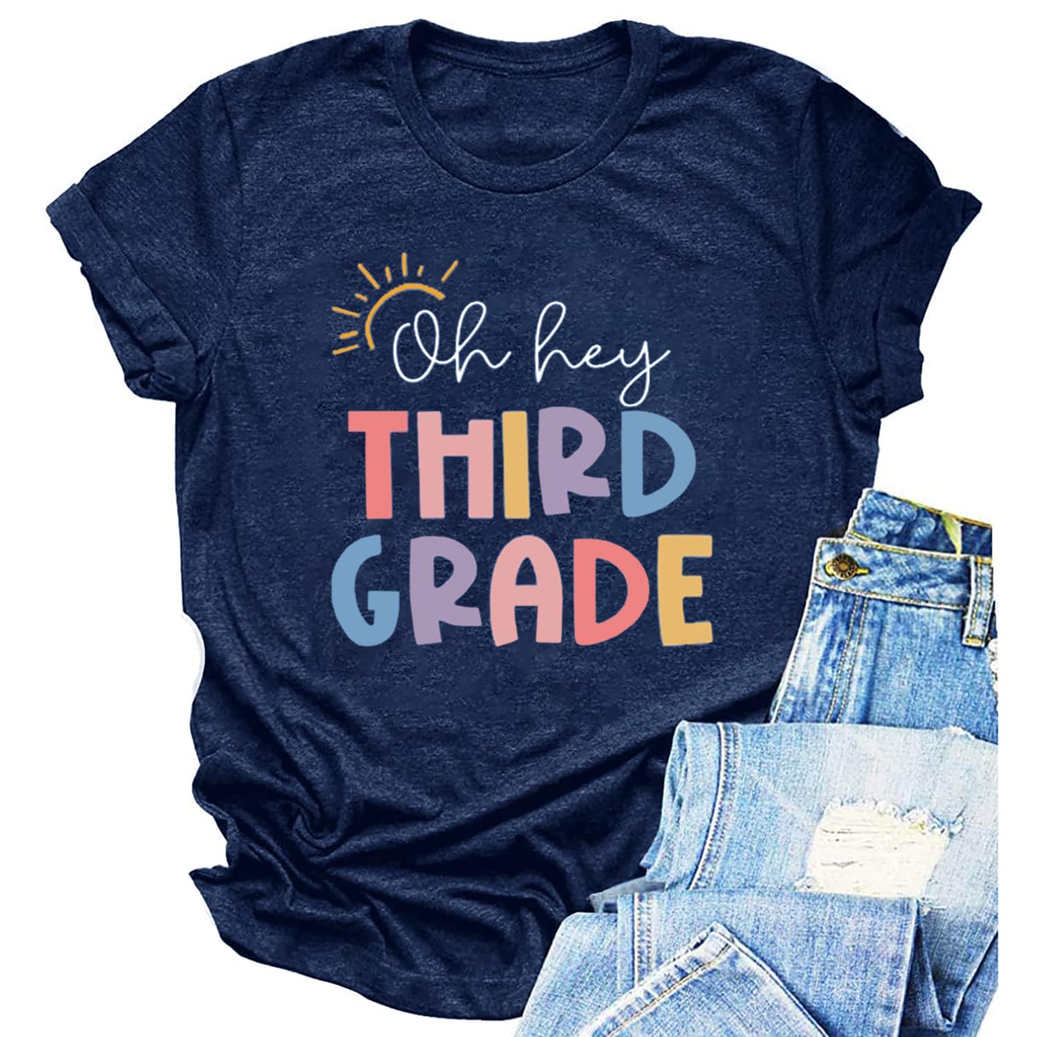 Funny First Day of School Teacher T-Shirts for Women - Cute Letter Print Back to School Outfits - Perfect for Classroom, Teacher Appreciation & School Events