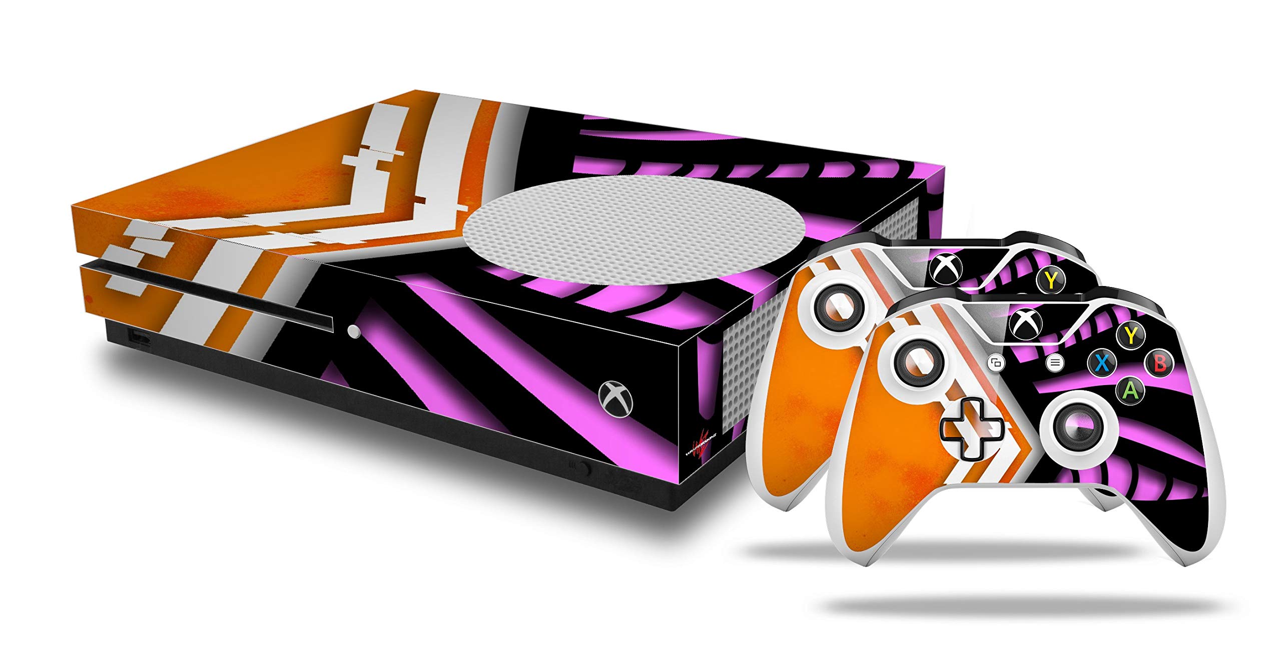 Custom Decal Vinyl Skin Wrap for Xbox One S Console & Controllers - Black Waves Orange Hot Pink Design | Protective Cover for Gaming Accessories | Perfect for Gaming Setups & Personalized Gifts