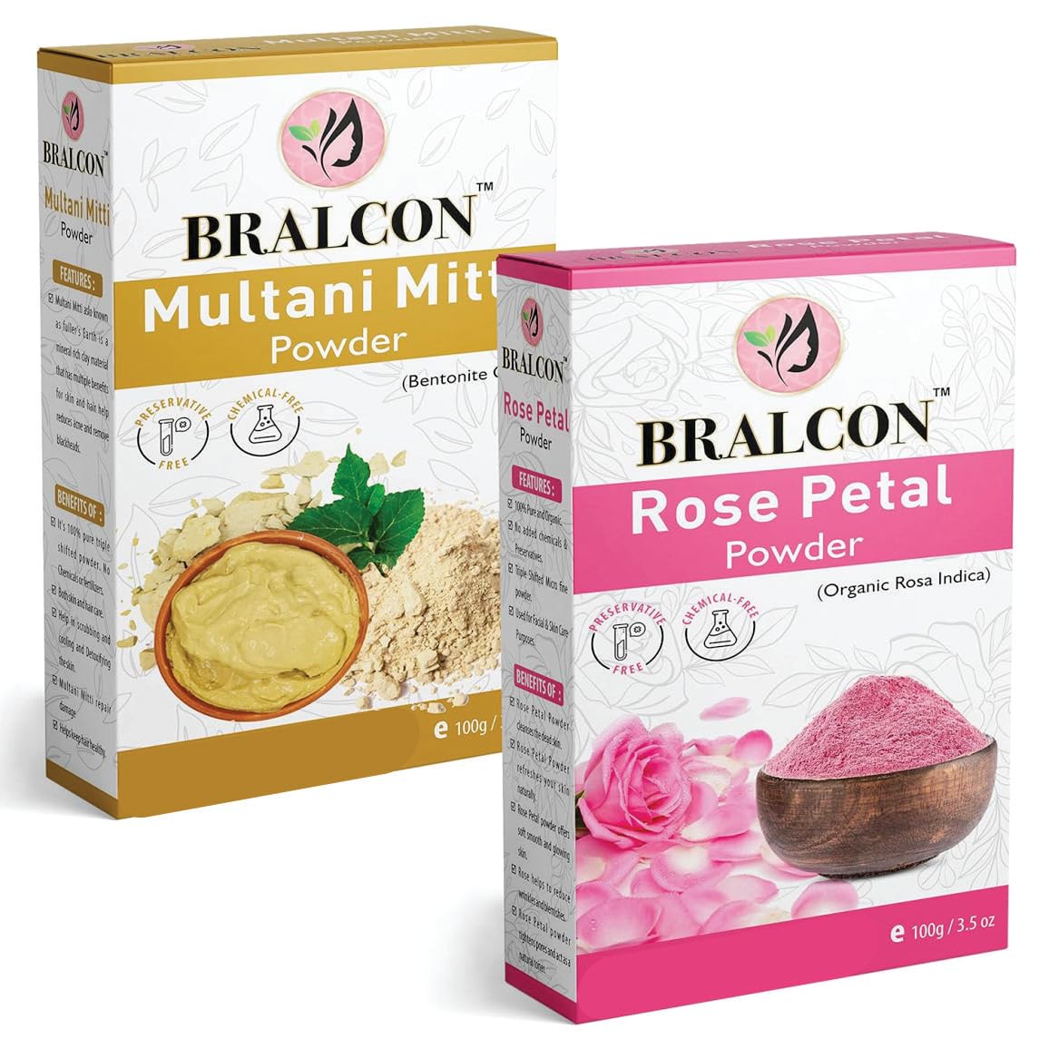 BRALCON Organic Multani Mitti Powder & Rose Petal Powder Combo - 200g (100g x 2 Pack) | Natural Clay & Rose Powder for Hair & Skin Care | Brightening, Tan Removal & Glowing Skin Treatment | DIY Face Mask & Hair Pack for Radiant Complexion | Perfect for Spa Day, Bridal Glow & Daily Skincare Routine