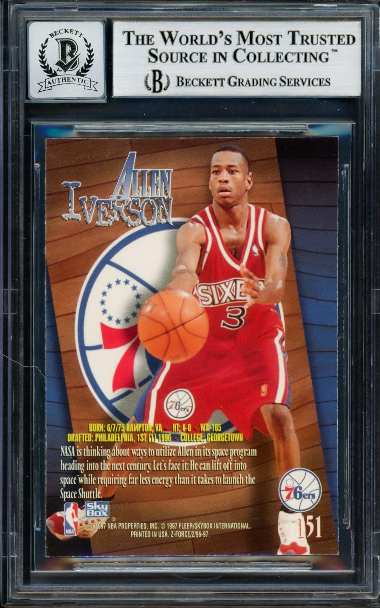 Allen Iverson Autographed 1996-97 Skybox Z-Force Rookie Card #151 Philadelphia 76ers - Beckett BAS #14128585 Gem Mint 10 - Rare Collectible Basketball Memorabilia for Fans & Investors