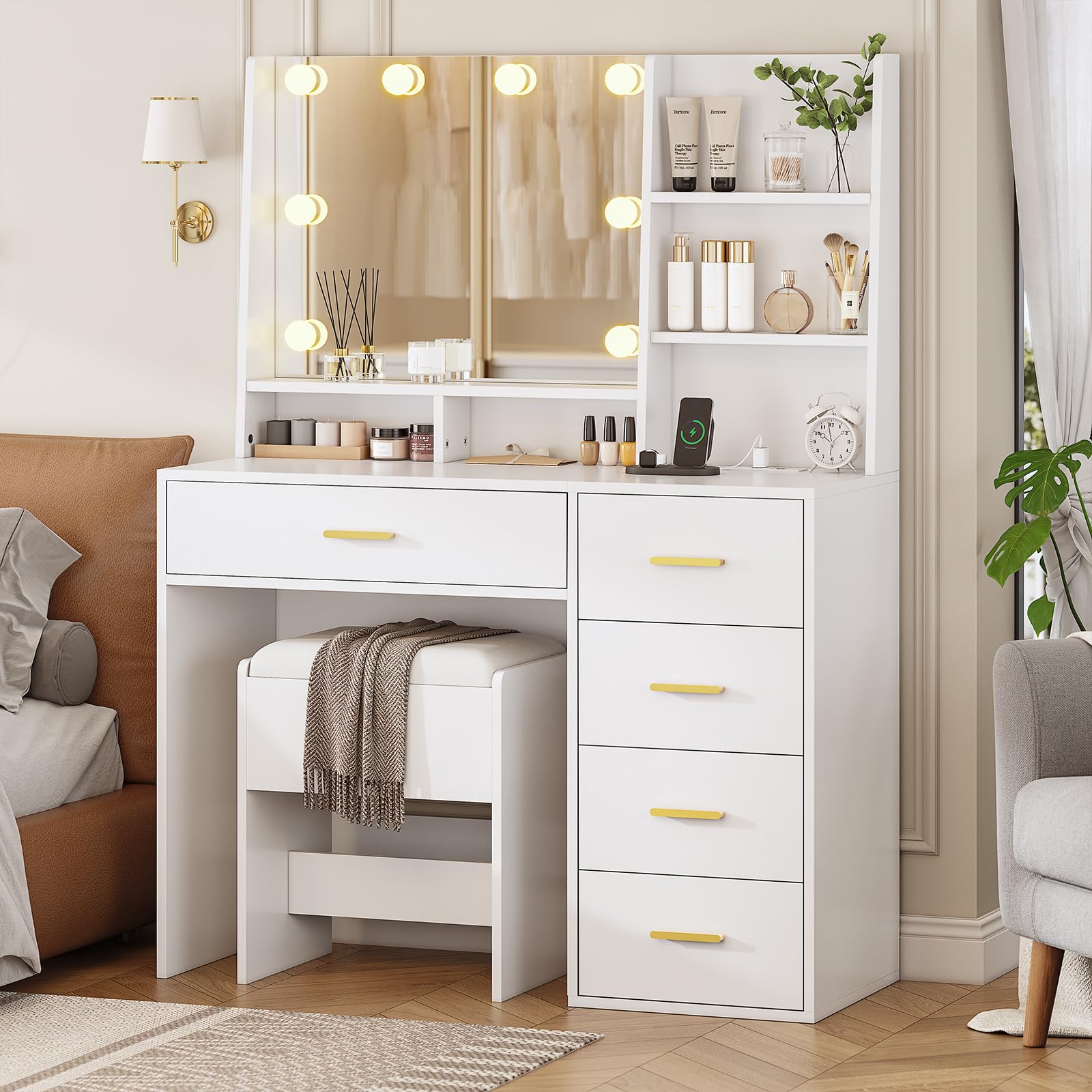 AOGLLATI White Makeup Vanity Set with LED Lights & Charging Station - Vanity Desk with Mirror, Cushioned Stool, Visible Drawers & Open Shelves - Perfect for Bedroom, Dressing Room & Beauty Salon Organization