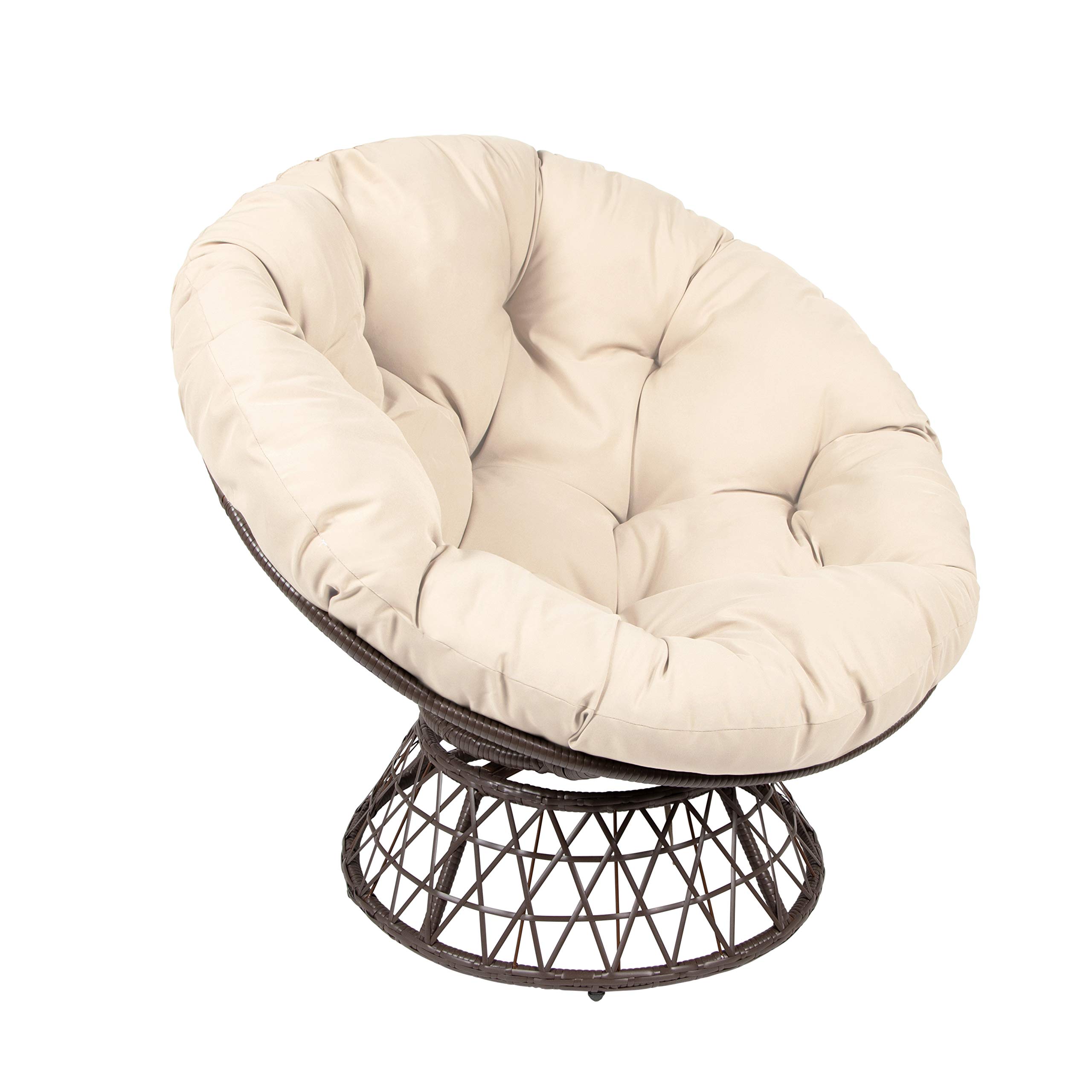 Milliard 360-Degree Swivel Wicker Papasan Chair with Beige Cushion & Brown Frame - Indoor/Outdoor Patio, Garden, Living Room, Sunroom Furniture for Relaxation