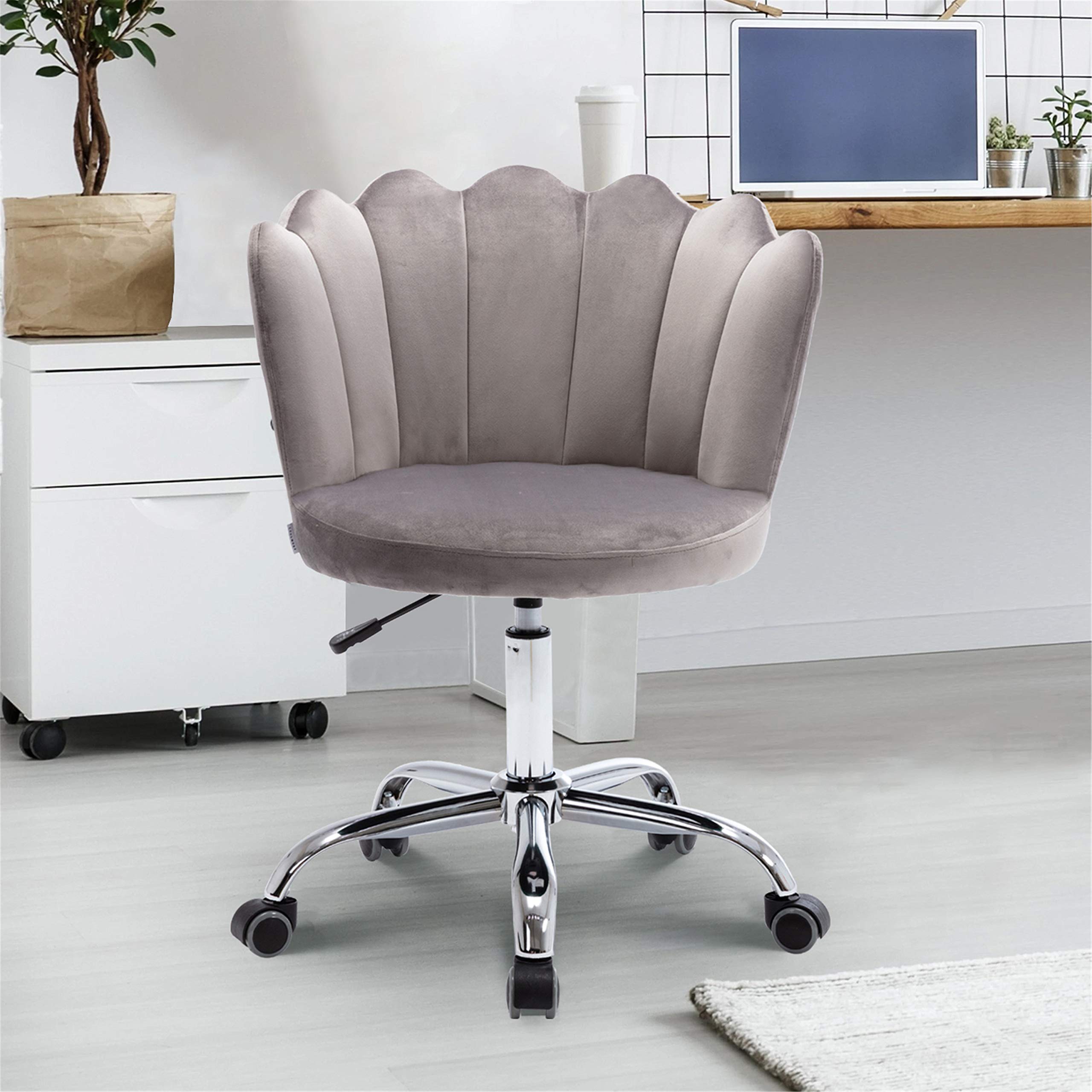 Ergonomic Velvet Office Chair - Modern Swivel Desk Chair with 5-Wheel Base for Home Office, Study, or Bedroom - Comfortable Shell Back Design in Gray - Perfect for Remote Work, Gaming & Relaxation