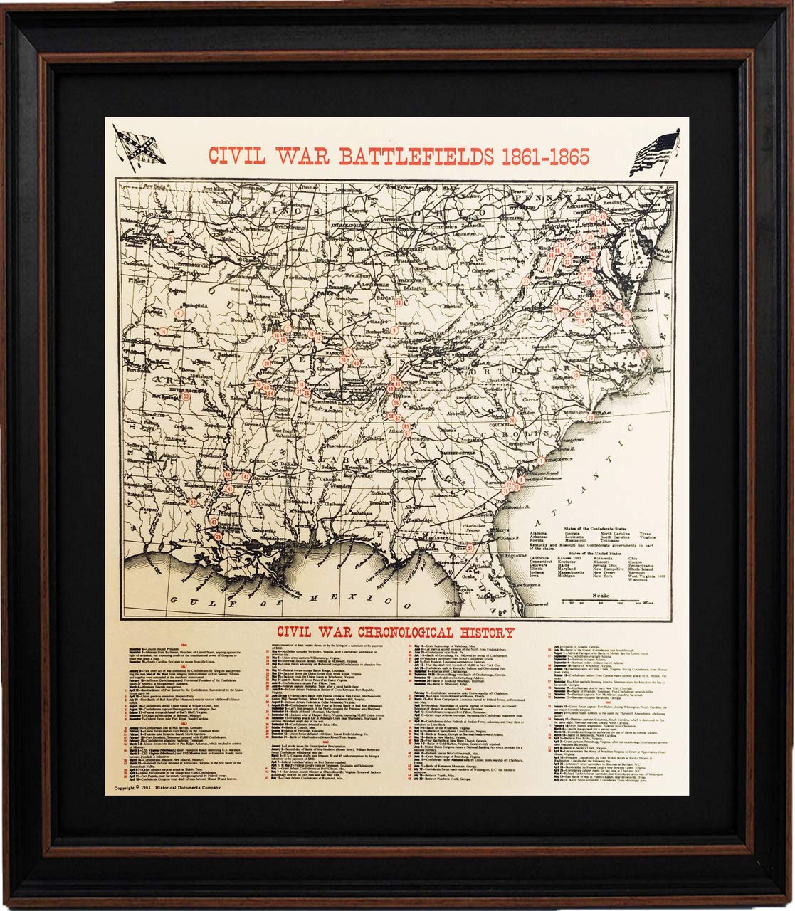 Vintage Framed Civil War Battlefields Map 1861-1865 - Historical Wall Art Decor for History Enthusiasts & Collectors | Perfect Gift for History Buffs, Home Office, Classroom & Library Display