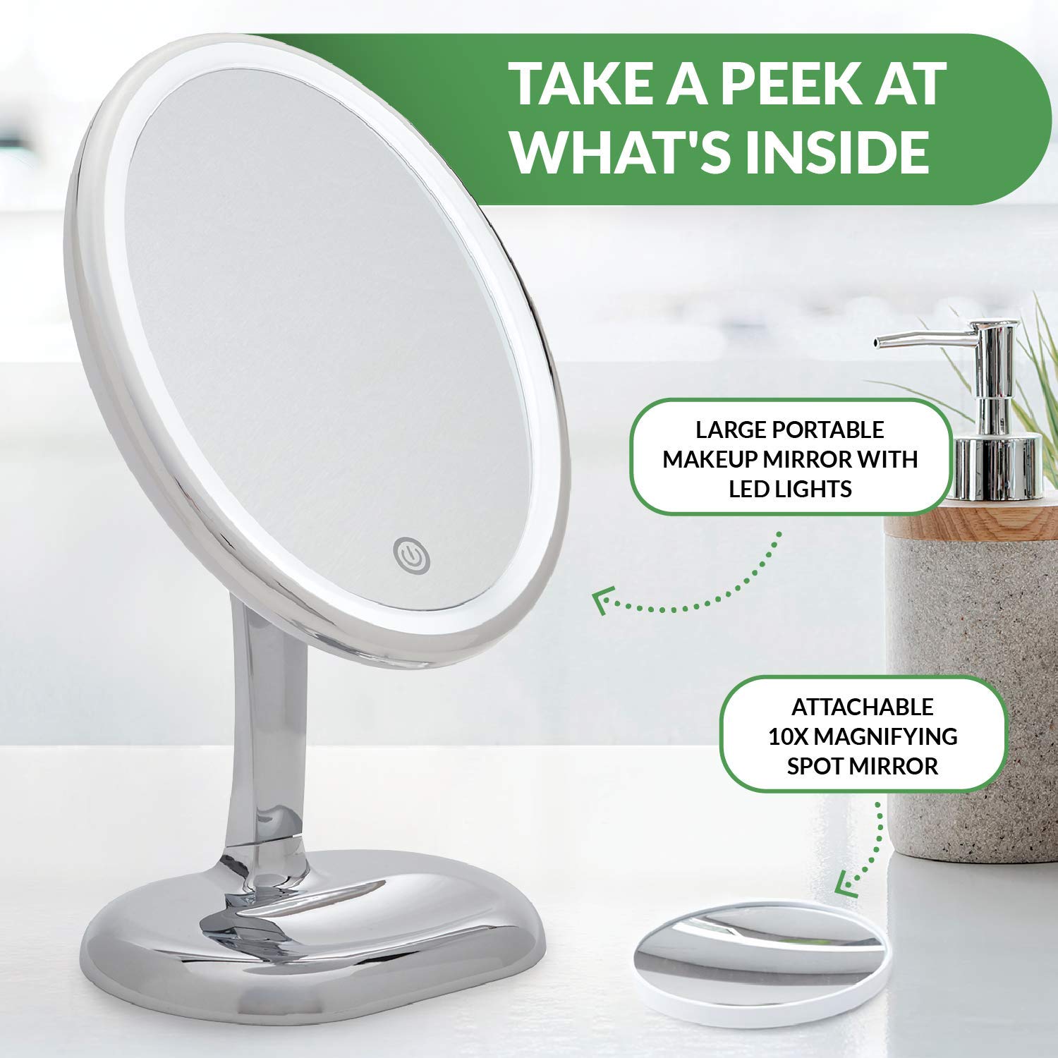 Oval LED Makeup Mirror with Lights - 10x Magnifying Vanity Mirror for Table Top, 360° Swivel Travel Mirror with Compact Design - Professional Beauty Makeup Mirror for Home, Salon & Travel Use