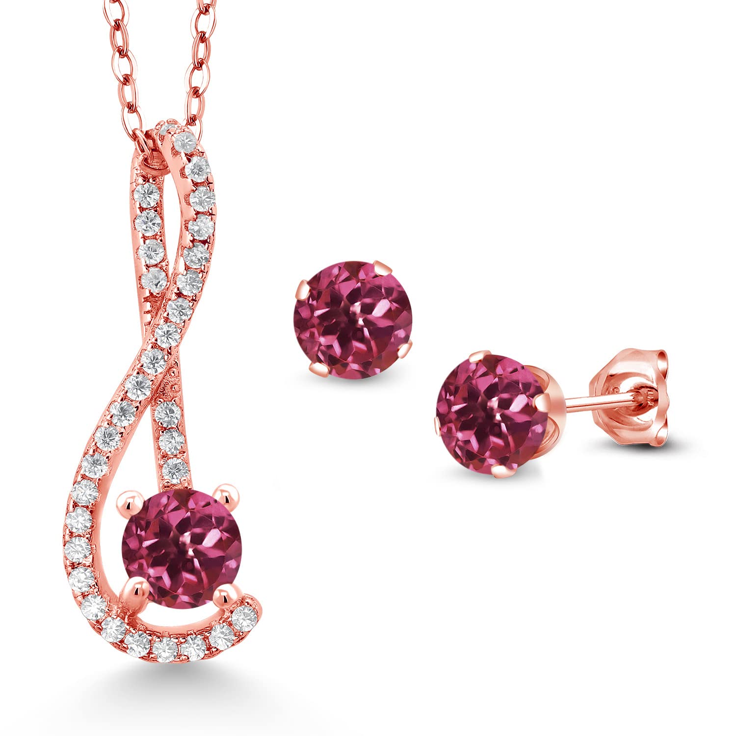 1.76 Ct Pink Tourmaline & White Sapphire Pendant & Earrings Set in 18K Rose Gold Plated Silver - Gem Stone King Jewelry for Women, Gift for Her, Birthday, Anniversary, Valentine's Day