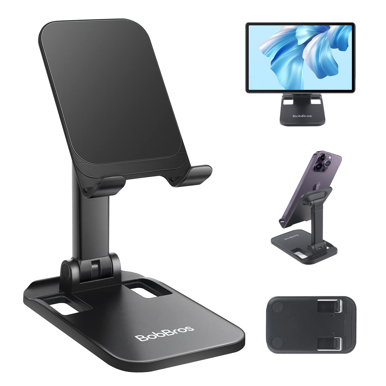 BobBros Adjustable Phone Stand - Foldable & Sturdy Desktop Holder for iPhone, iPad, Tablet - Perfect for Video Calls, Streaming & Hands-Free Viewing at Home/Office