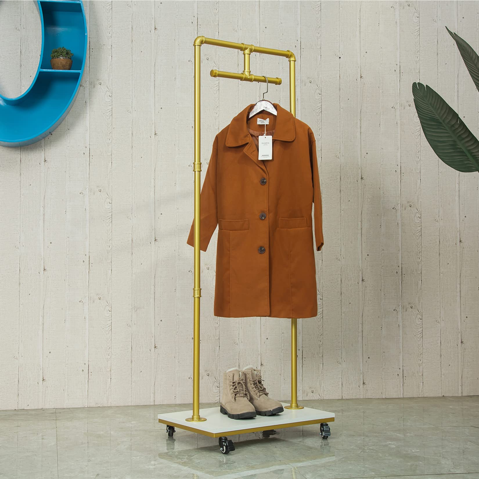 Industrial Pipe Rolling Garment Rack with Wheels - Heavy Duty Clothing Storage Display Stand, Adjustable Floor Standing Hanging Rod for Clothes, Hangers & Shelves (Gold) - Perfect for Retail Stores, Boutiques & Home Closet Organization