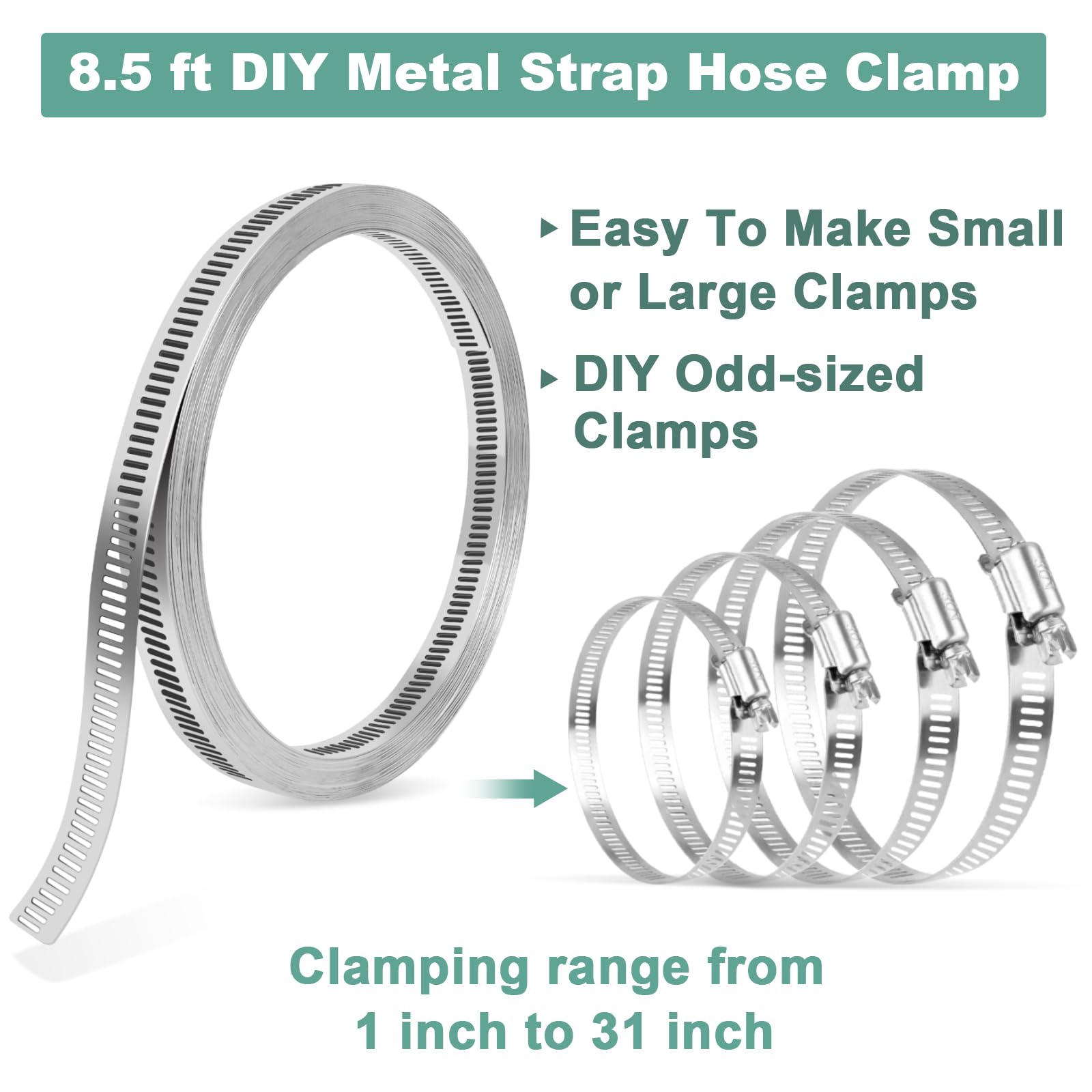 8.5 Ft Stainless Steel Hose Clamp Kit - Adjustable Worm Gear Clamps with 6 Fasteners for Ductwork, Automotive, Mechanical & Dryer Vents | DIY Plumbing, HVAC & Car Repair Solutions