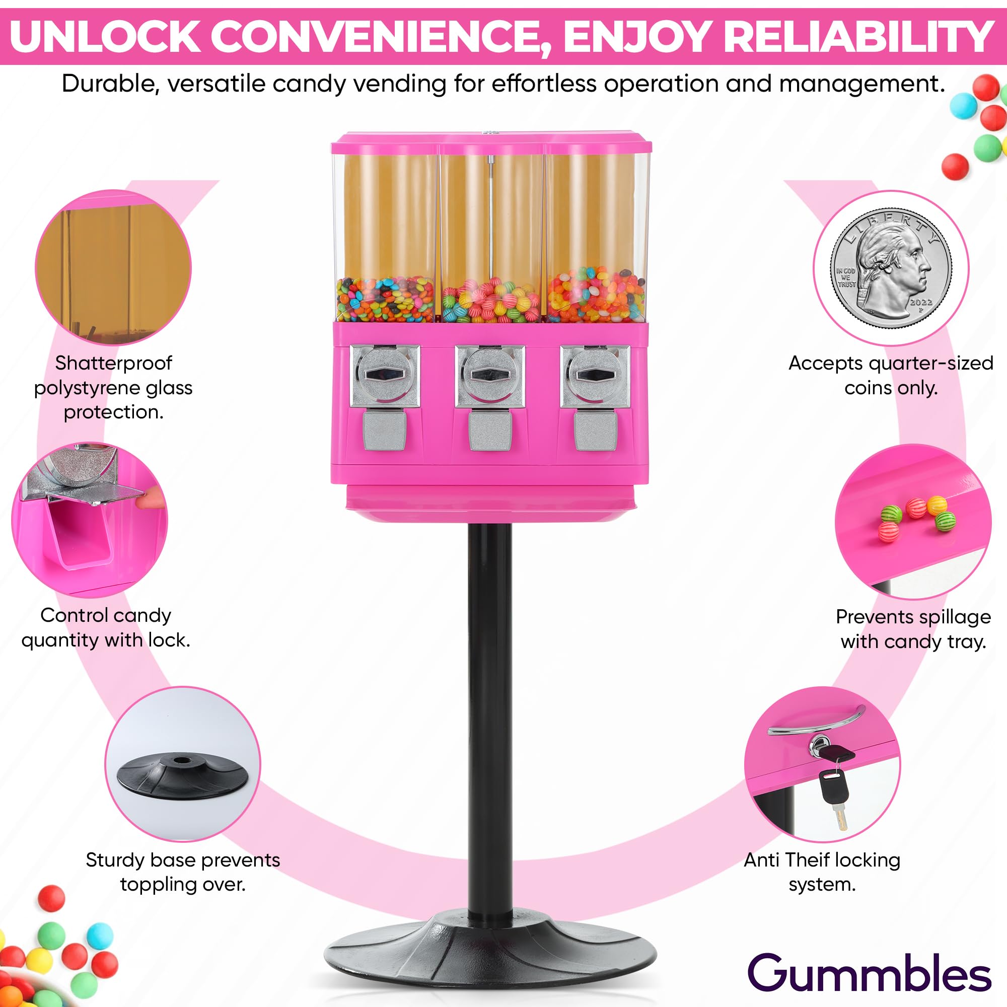 **Pink Triple Coin Operated Candy Vending Machine with Stand – Commercial & Home Use for Gumballs, Toys & Capsules – Perfect for Retail Stores, Arcades, and Home Entertainment**
