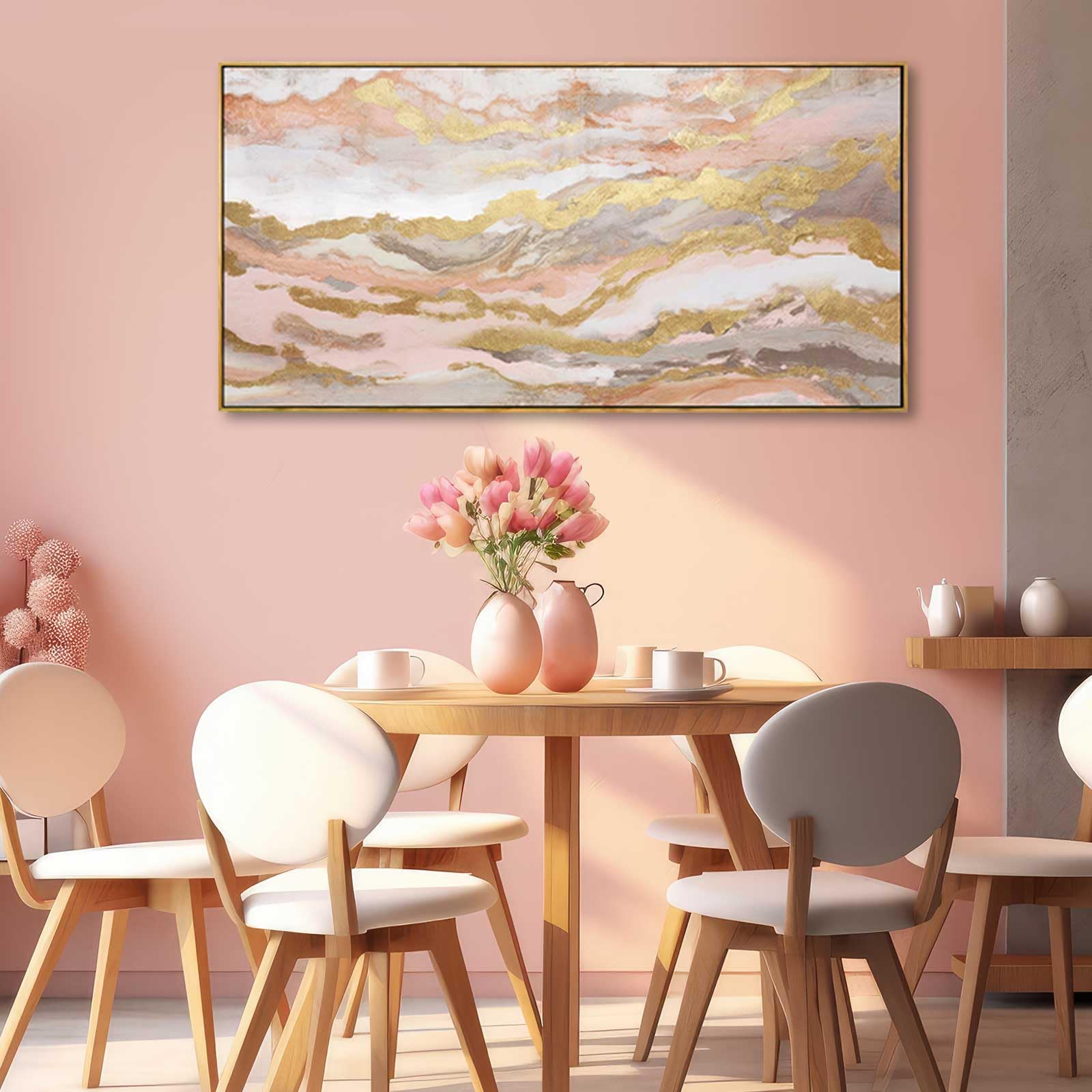 YJYart Pink Abstract Wall Art - 20x40 Inch Large Canvas Painting for Girl's Room, Living Room, Bedroom, Office & Kitchen Decor - Modern Gold Accent Home Decor for Dining Room & Workspace