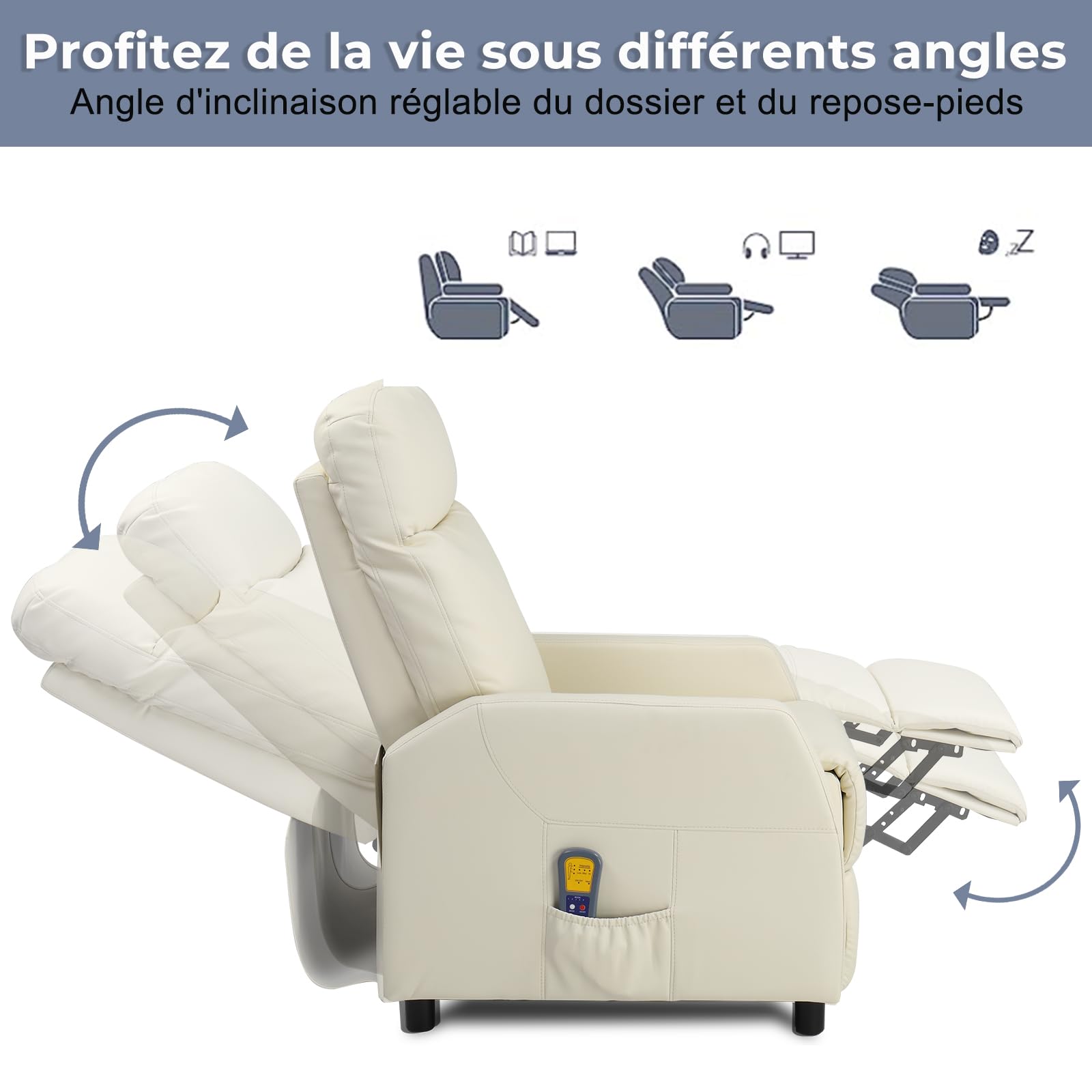 LEADZM Electric Massage Recliner Chair with Heating, Manual Rocking Backrest, Cream White PU Leather - Perfect for Living Room, Bedroom & Home Theater Relaxation