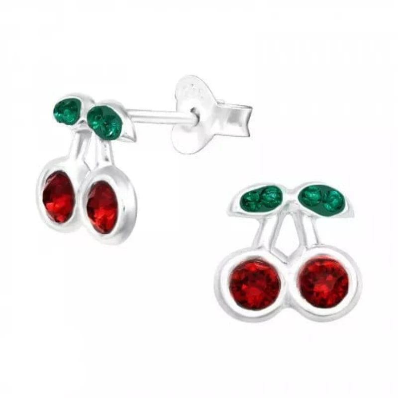 Genuine European Crystal Cherry Stud Earrings for Kids - Hypoallergenic Silver Earrings for Girls, Perfect for Birthdays, Parties & Special Occasions