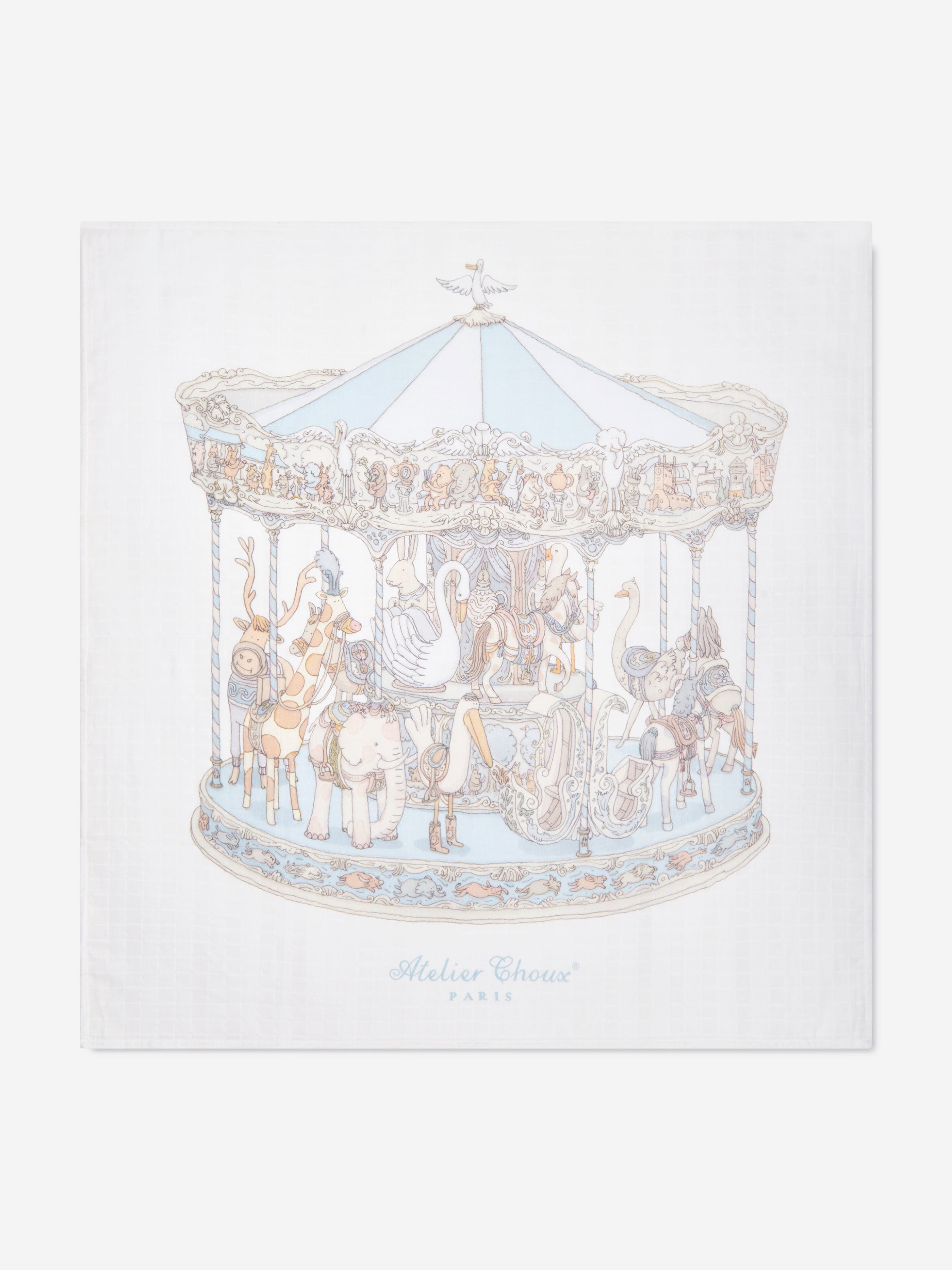 Atelier Choux Baby Boys Carousel Swaddle & Satin Bib Gift Set - Blue | Newborn Essentials for Shower, Baptism & Photo Shoots