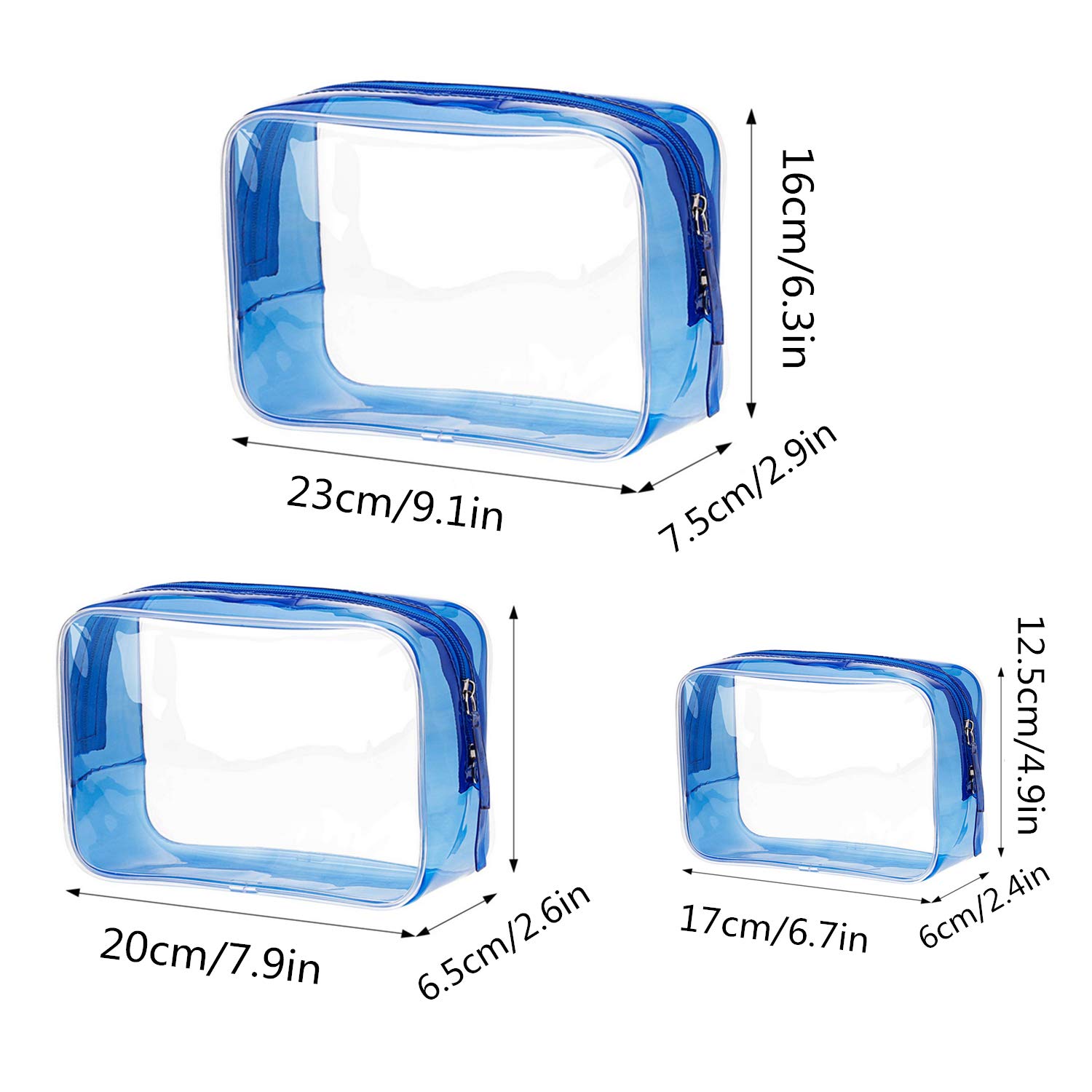 3-Piece Clear Blue Waterproof Travel Toiletry Bag Set - Plastic Shower Organizer Pouch for Women, Men & Kids (Small/Medium/Large) - Perfect for Airplane Carry-On, Camping & Gym Essentials