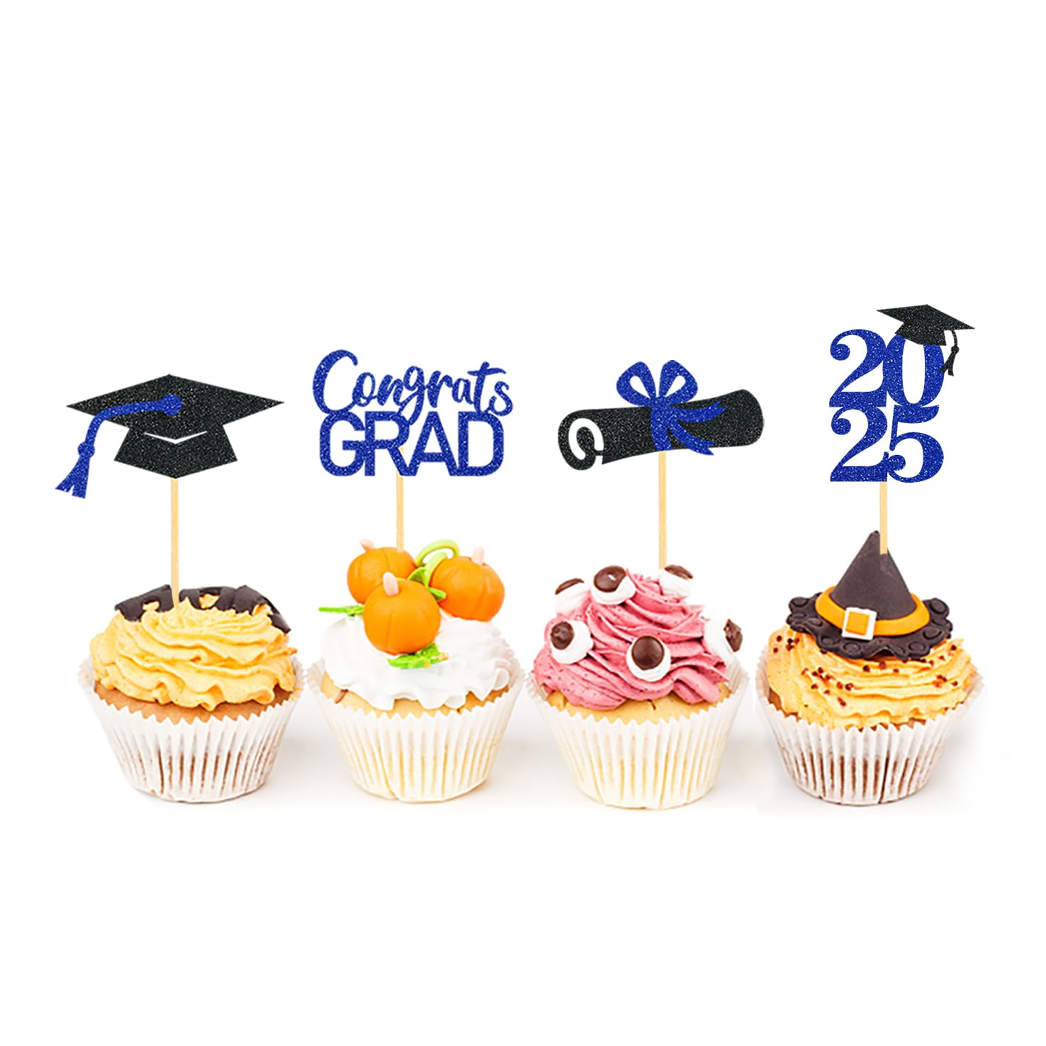 24Pcs Graduation Cupcake Toppers - Class of 2025 Blue Cupcake Decorations for Graduation Party, Commencement Ceremony & School Celebration - Food Safe Cake Picks for Dessert Decoration