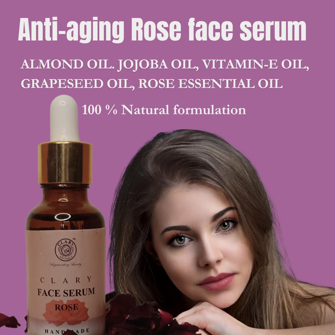 Clary Naturals Rose Face Serum with Rose Essential Oil & Jojoba Oil | Vitamin E for Skin Repair, Blemish Reduction & Brightening | Paraben-Free Skincare for Women & Men | 30ml | Perfect for Daily Hydration & Nighttime Skin Rejuvenation
