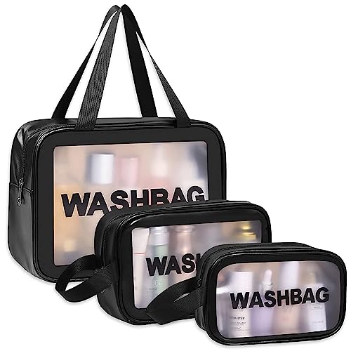 **HEYMAZA Clear Toiletry Bag - Waterproof PVC Travel Cosmetic Organizer for Women & Men, 3-Piece Set (Black) - Perfect for Airports, Gyms, and Weekend Getaways**