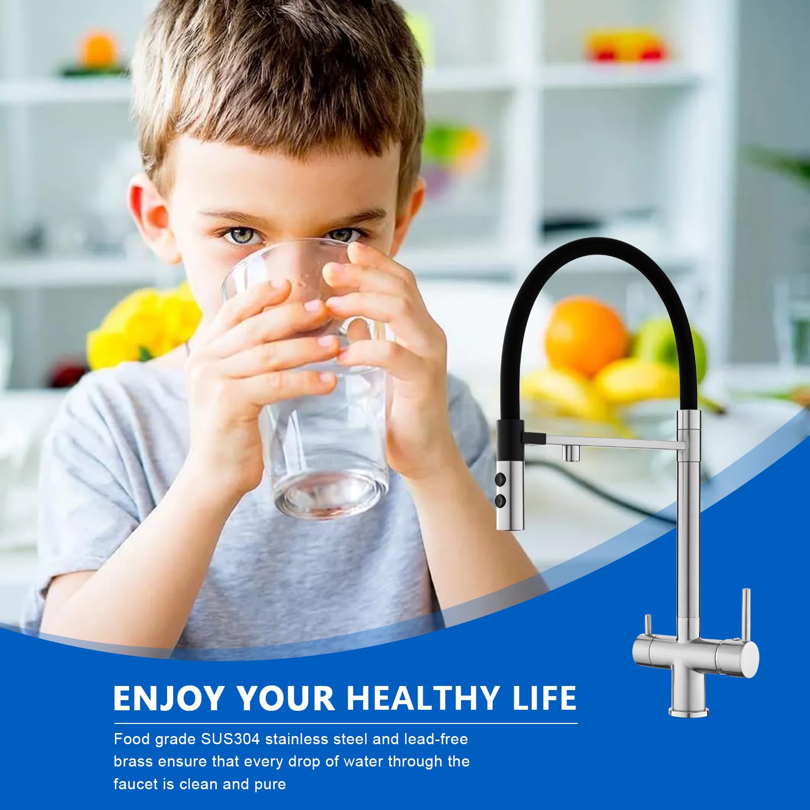 3-Way Kitchen Faucet with Water Filter - Pull Down Sink Faucet & Drinking Water Faucet - Brushed Nickel Finish - Magnetic Spray Nozzle - Perfect for Modern Kitchens, Home Renovation & Water Purification Systems