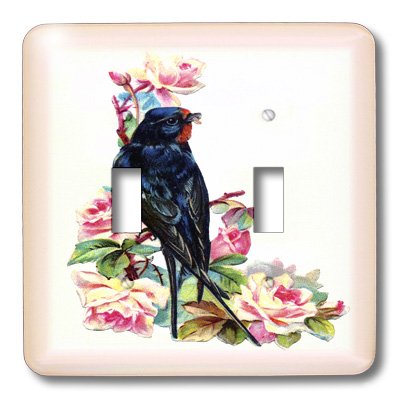 3D Rose Bird and Roses Double Toggle Switch - Blue/Pink Decor Wall Plate for Home, Bedroom, Nursery, or Office Decoration