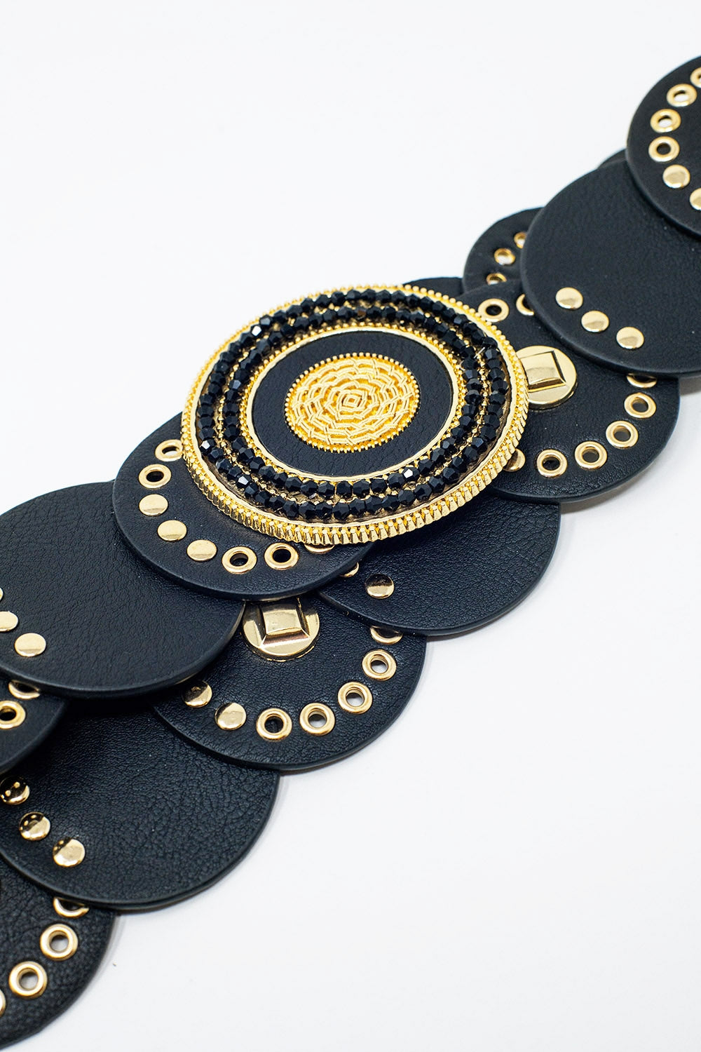 Black Leather Belt with Round Black Rhinestone Buckle & Gold Accents - Elegant Waistband for Women's Dresses, Pants & Office Wear