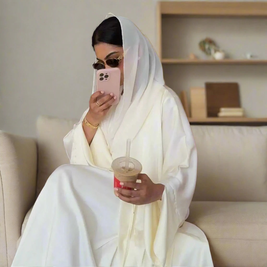 Elegant Satin Open Abaya Dress for Women - Modest Muslim Prayer Dress - Perfect for Eid, Ramadan & Special Occasions