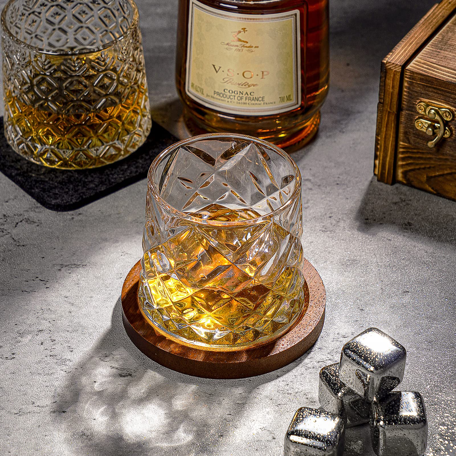 Premium Spinning Crystal Whiskey Glasses 10.8oz (Set of 2) - Large Rotatable Bourbon Glasses with Coasters - Stress Relief Tumbler for Scotch, Cocktails & Coffee - Perfect Father's Day Gift for Home Bar, Office or Relaxation