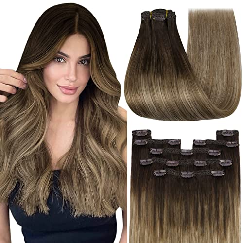 YoungSee 20 Inch Clip-in Hair Extensions - Brown Balayage to Ash Blonde - 7pcs 120g Real Human Remy Hair - Perfect for Parties, Weddings & Daily Styling