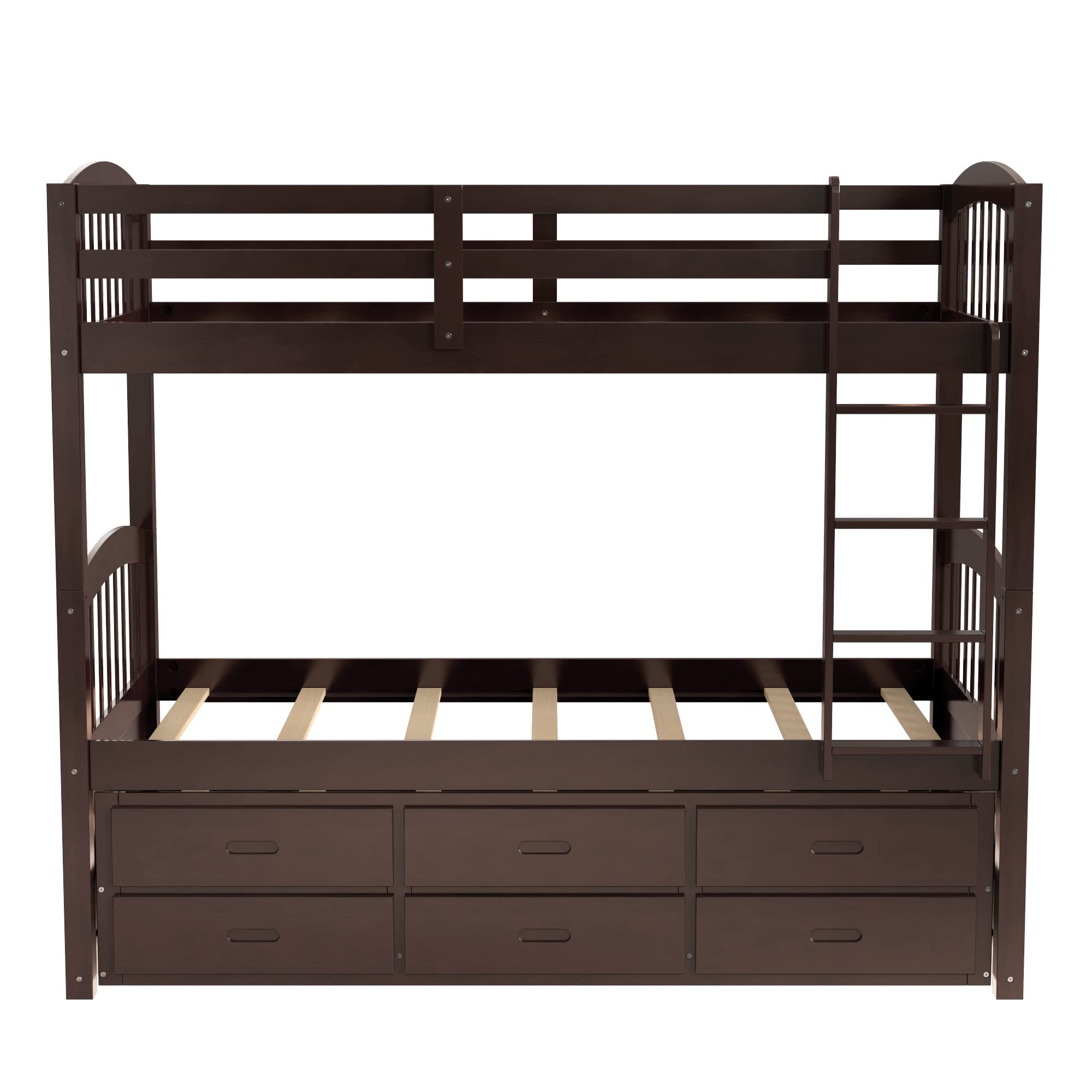 Harper & Bright Designs Solid Wood Twin Over Twin Bunk Bed with Trundle - 3 Storage Drawers, Safety Rail, Convertible to 2 Beds - No Box Spring Needed (Espresso) - Perfect for Kids' Bedroom, Guest Room & Space-Saving Solutions