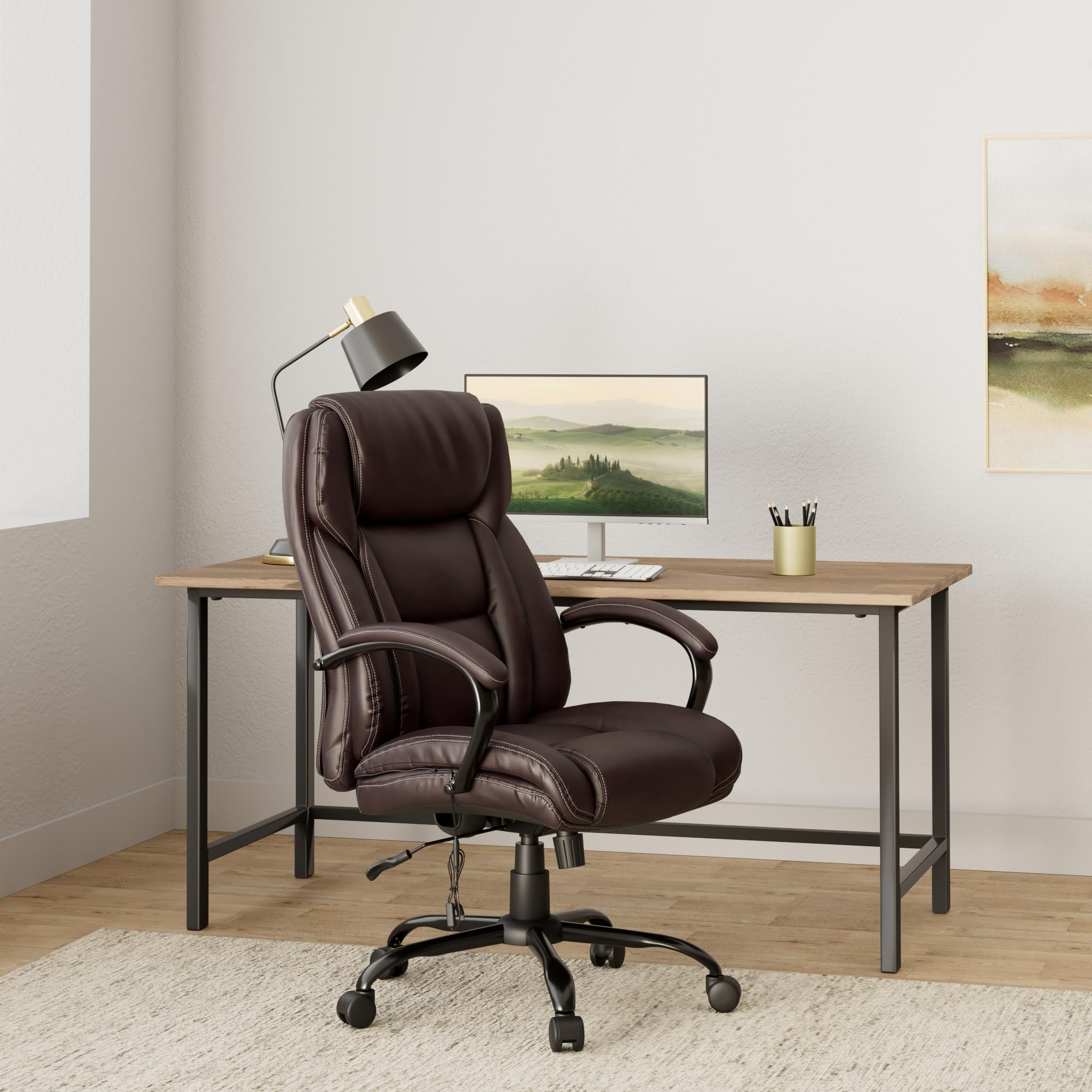 Heavy Duty Big and Tall Executive Office Chair - 500lbs Capacity Wide Seat PU Leather Swivel Rolling Computer Chair with High Back & Lumbar Support - Ergonomic Desk Chair for Home Office (Black-Brown) - Perfect for Long Work Hours and Comfortable Workspaces