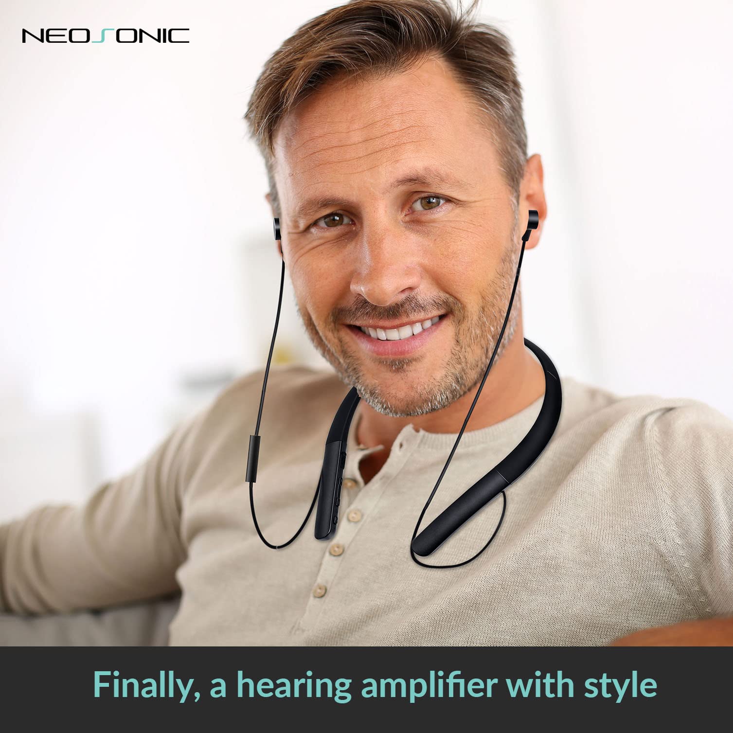 Neosonic Upgraded Rechargeable Hearing Aid Amplifier - Wireless Neckband Headphones with Noise Cancelling & Remote Mic for Seniors - Perfect for TV Watching, Conversations & Daily Activities