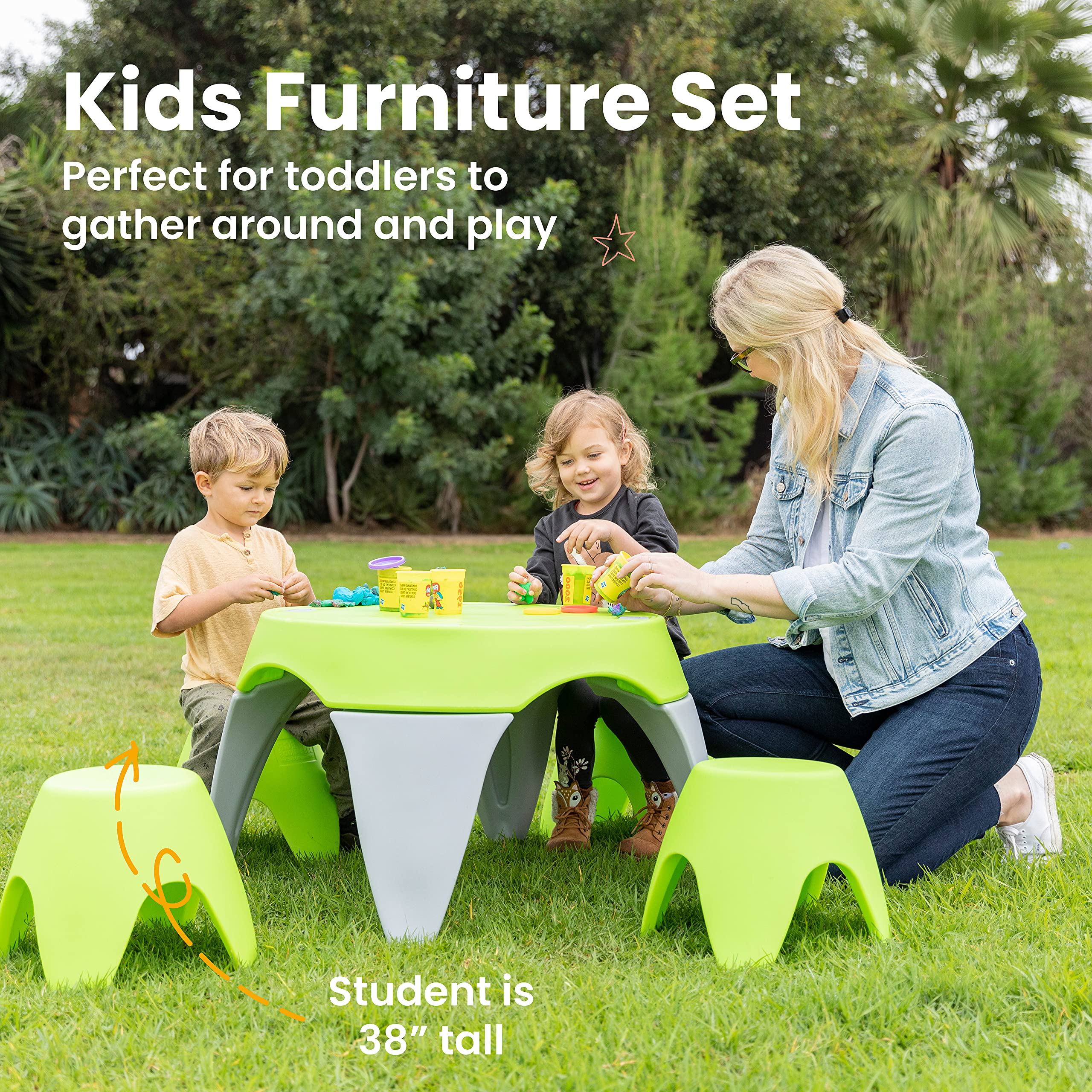 ECR4Kids Ayana 5-Piece Kids Table and Stool Set - Outdoor & Indoor Play Furniture, Lime Green & Light Grey - Perfect for Backyard, Patio, Preschool & Playroom Activities