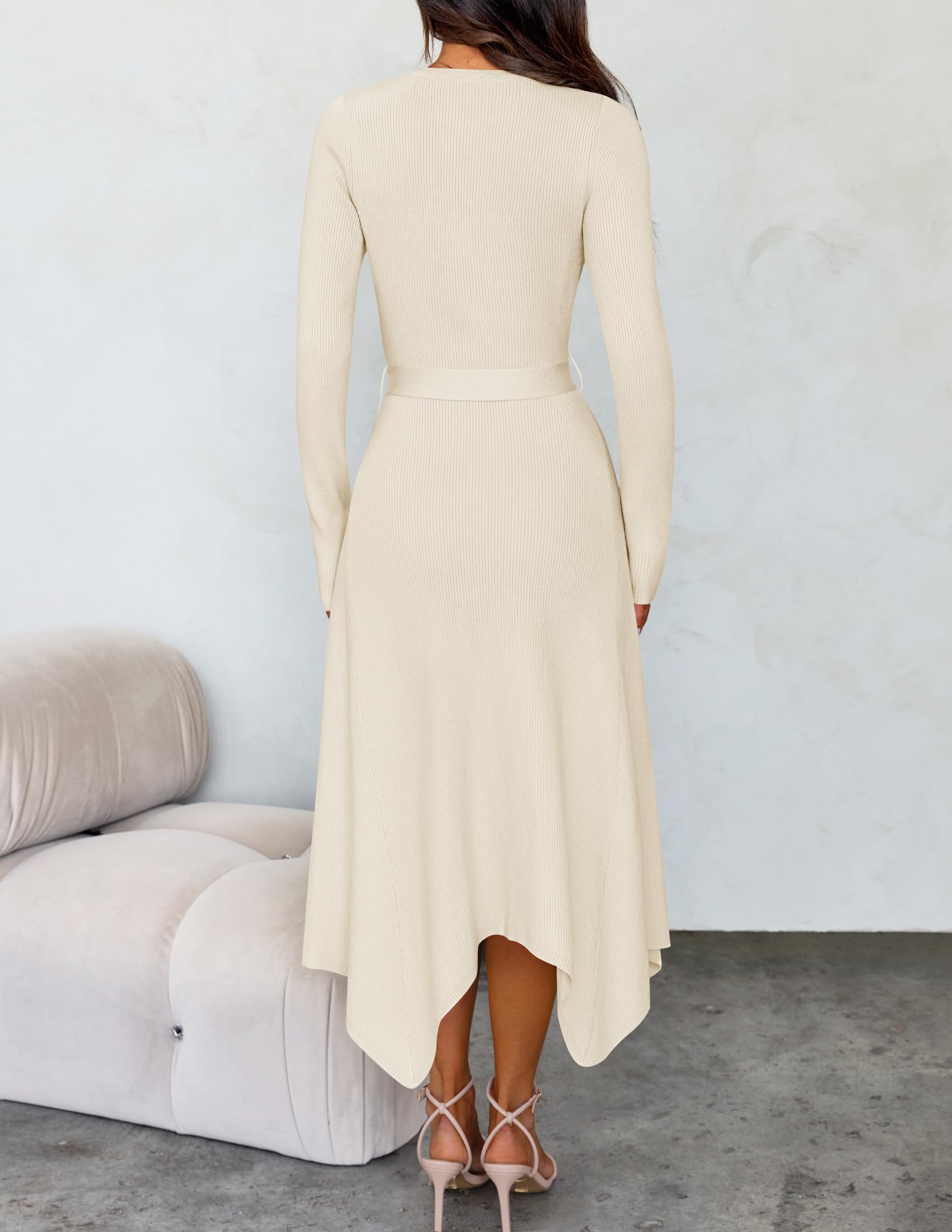 ZESICA Women's 2025 Spring Long Sleeve Ribbed Knit Sweater Dress with Belt - High Waist Midi Dress for Office, Date Night & Casual Outings