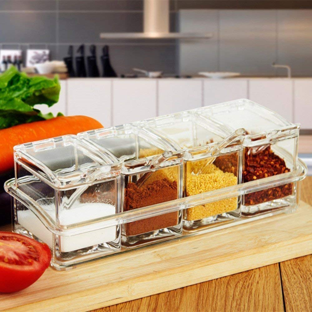 WII Masala Dani Plastic Transparent Spice Box Rack - 4 Containers with 4 Spoons Set for Sugar, Salt & Spices | Perfect for Home Kitchen, Restaurant & Hotel Storage | Ideal for Cooking, Baking & Meal Prep Organization