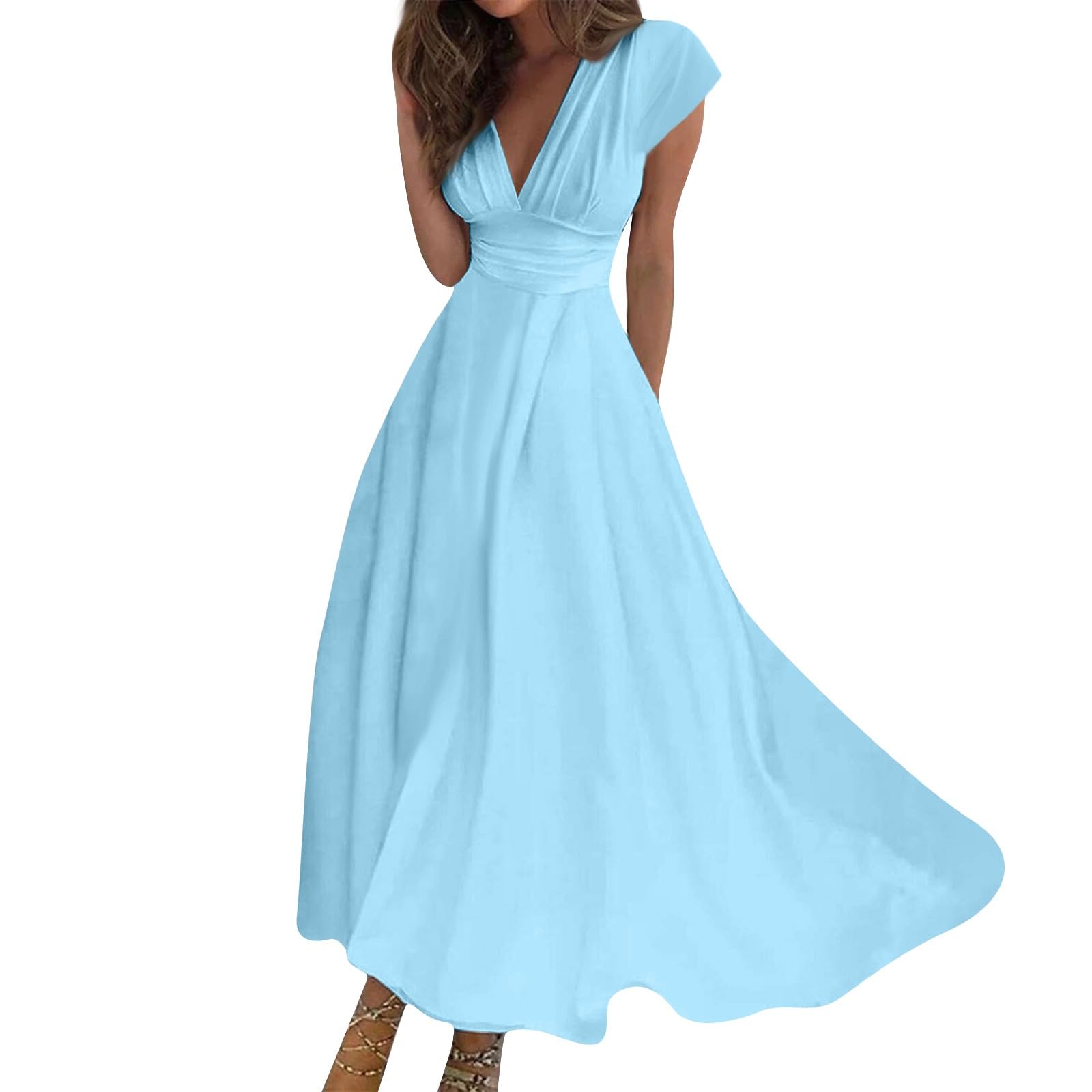 Women's Floral Chiffon Maxi Dress - Elegant V-Neck Ruffled Swing Dress with Short Sleeves for Casual Wear | Perfect for Summer Outings, Beach Vacations, and Date Nights