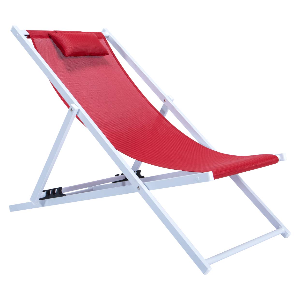 LeisureMod Sunset Outdoor Portable Patio Beach Sling Chair - Adjustable Reclining with Headrest, Lightweight Folding for Backyard, Poolside & Travel (Red) - Perfect for Relaxing, Sunbathing and Camping