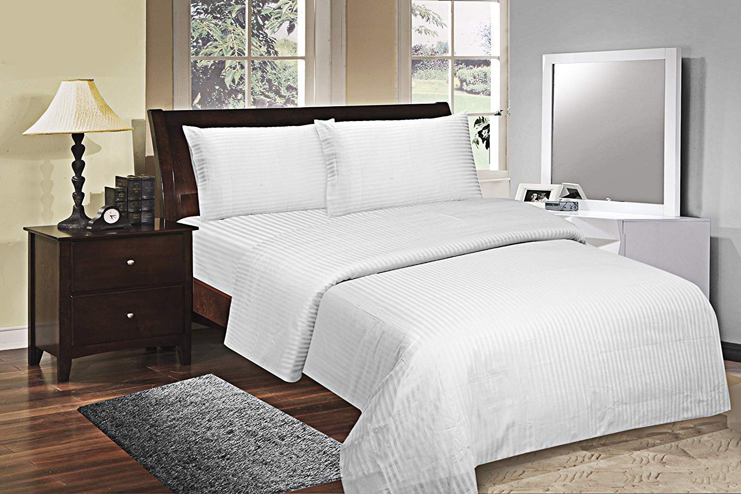 6-Piece White Stripe Queen Sheet Set - 21 Inch Deep Pocket, 100% Ultra-Soft Cotton, Hypoallergenic & Comfortable Bedding - Perfect for Master Bedrooms, Guest Rooms & Cozy Sleep