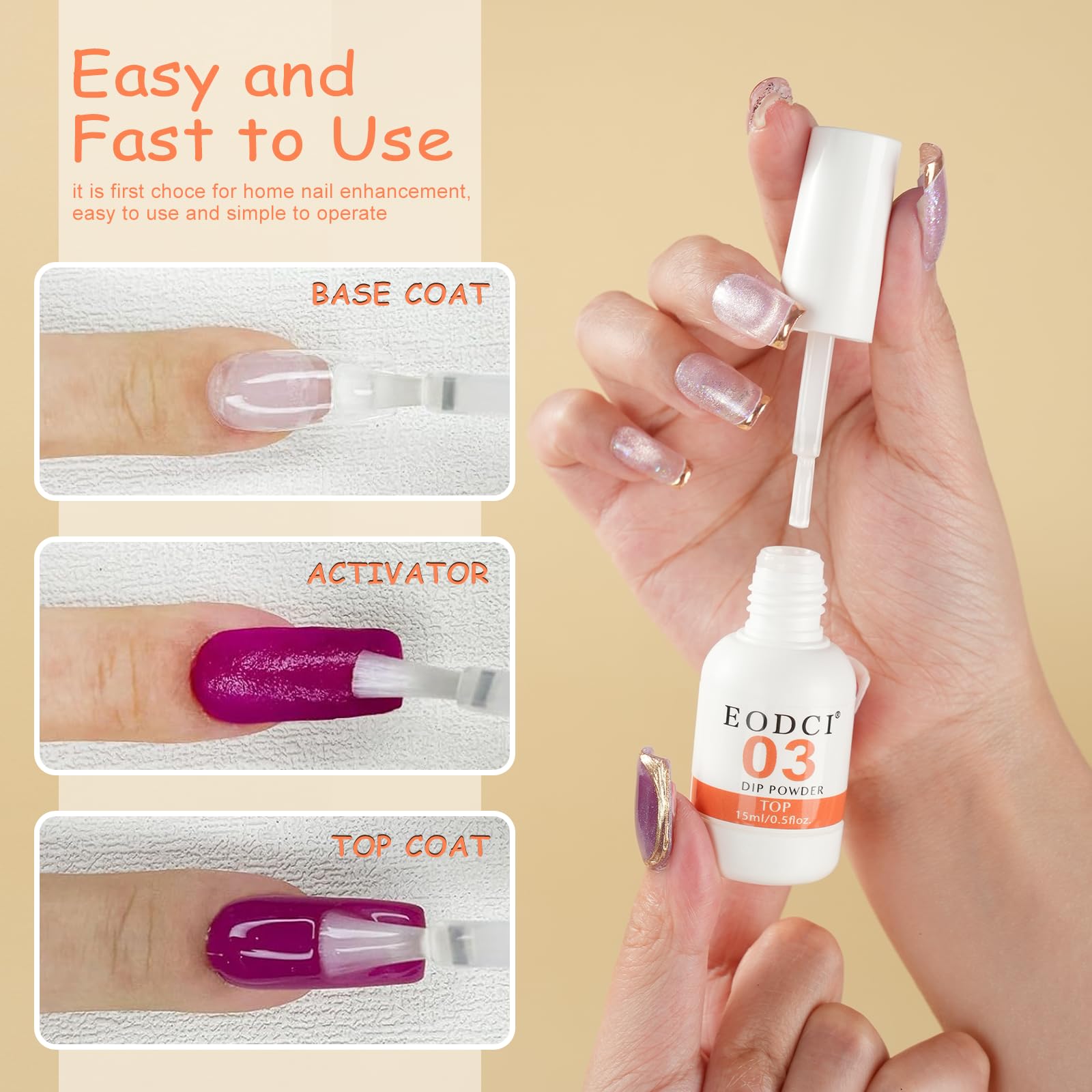 Professional Dip Powder Liquid Set - 15ml Large Capacity Base & Top Coat Kit with Activator, No UV Lamp Needed for Curing - Perfect for Nail Salon Professionals & DIY Beginners at Home | Manicure, Pedicure & Nail Art Enhancement