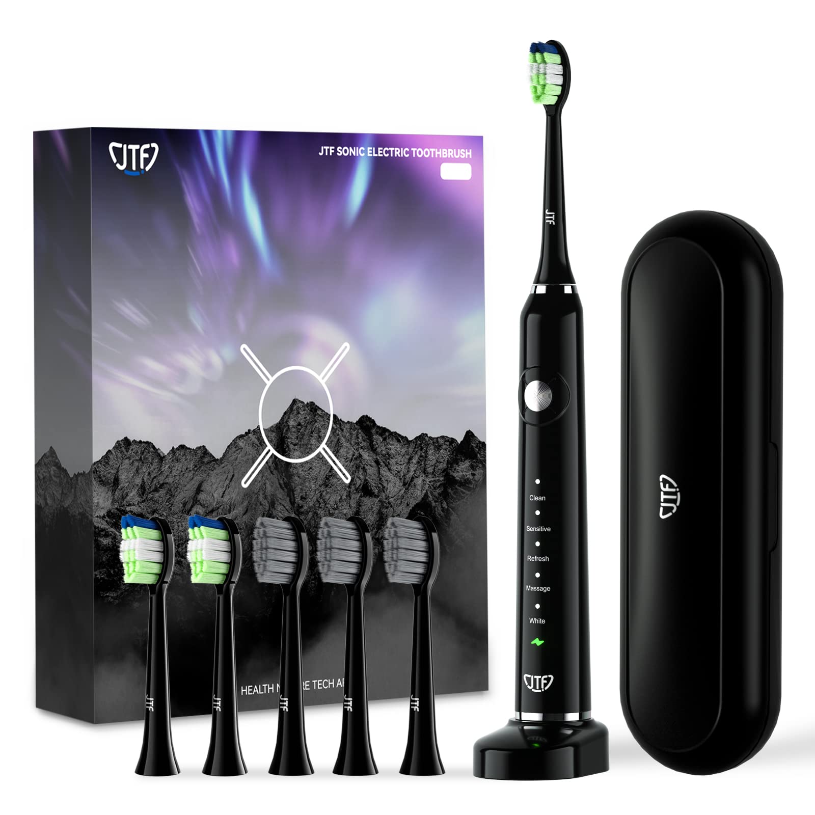 JTF Sonic Electric Toothbrush for Adults - Teeth Whitening & Gum Care, 6 Brush Heads & Travel Case Included, 60-Day Battery Life, IPX7 Waterproof, Fast Charging - Perfect for Travel, Home & Daily Oral Care (Black)