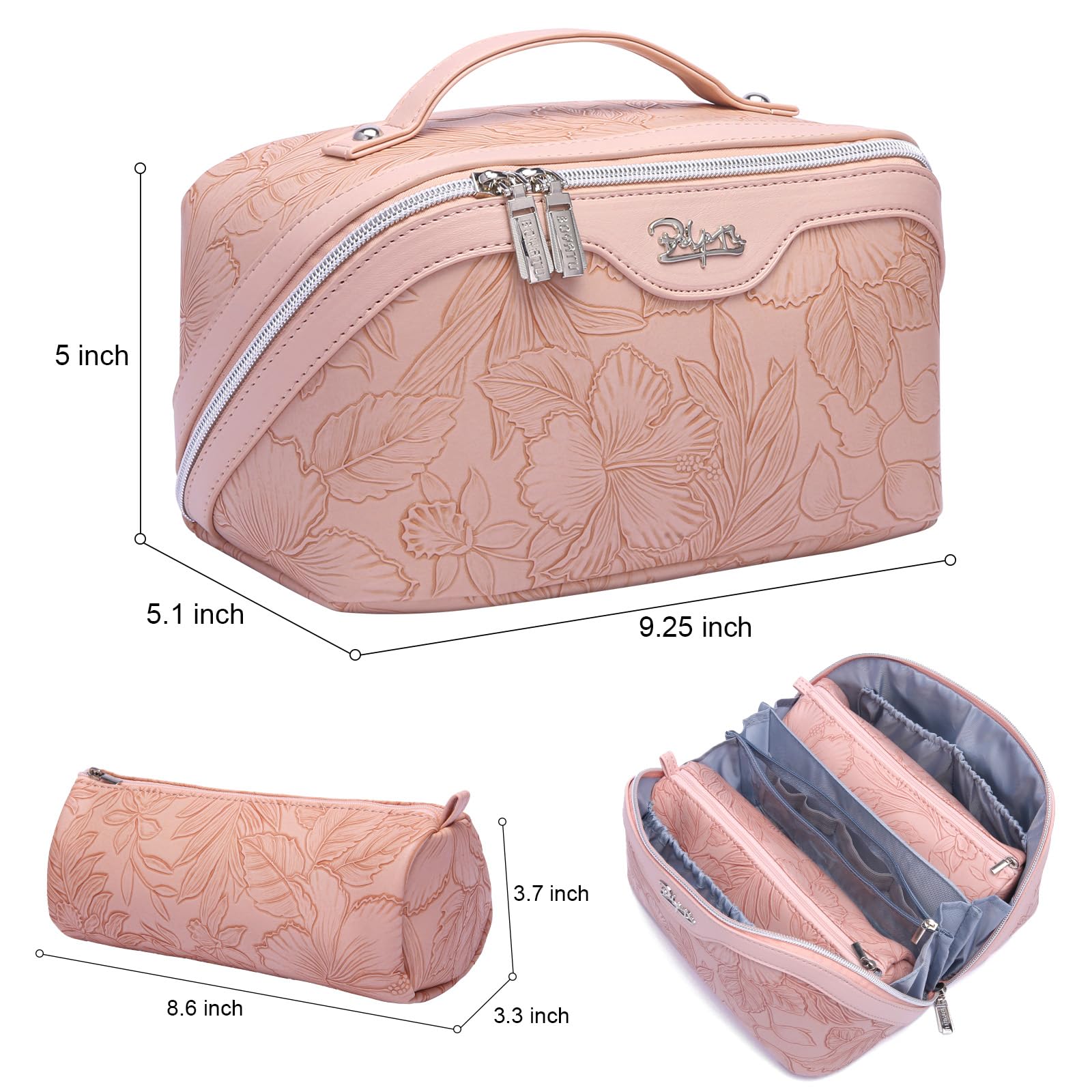 BOYATU 3-Piece Travel Makeup Bag Set - Large Capacity Cosmetic Organizer with Dividers, PU Leather Toiletry Pouch for Women - Portable Wide Open Design with Handle (Pink) - Perfect for Travel, Gym, and Daily Makeup Storage