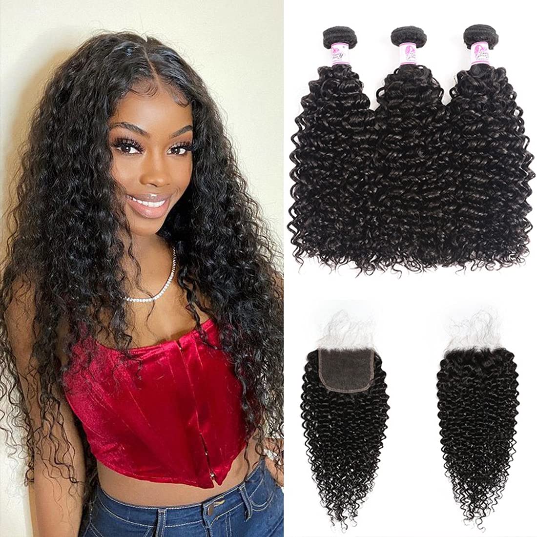 Beauty Forever Jerry Curly 3 Bundles With 5X5 HD Lace Closure Brazilian Unprocessed Virgin Human Hair Weave - 18 18 18 + 16 Inch Free Part Lace Closure Natural Color Virgin Remy Hair Extensions for Stunning Curly Hairstyles & Daily Wear