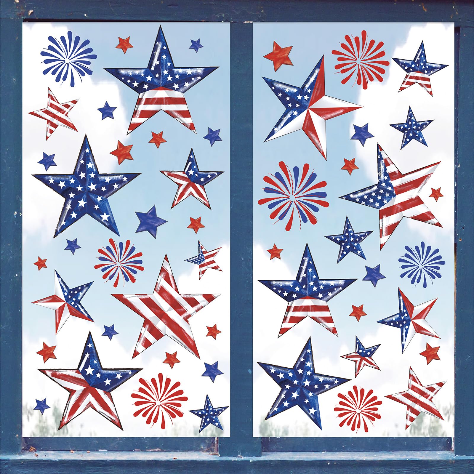 Whaline 9 Sheets 4th of July Window Clings - Patriotic Watercolor USA Stars & Fireworks Decals, Double-Sided Vintage Window Decor for Independence Day, Memorial Day, Home, Office & Party Decorations - Perfect for Holiday Celebrations, Patriotic Events & Seasonal Home Styling