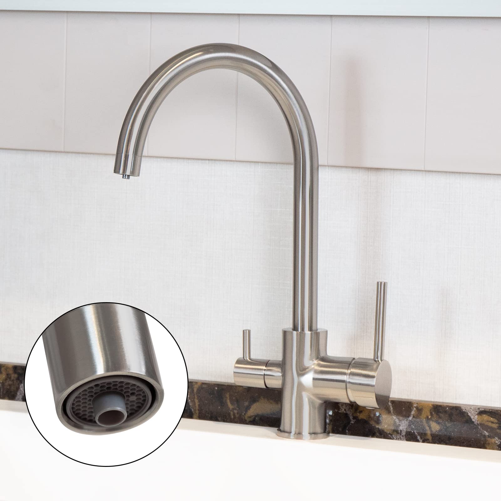 3-Way Brushed Nickel Kitchen Faucet Water Filter - High Efficiency Purification System for Clean Drinking & Cooking Water | Perfect for Home, RV, and Office Use
