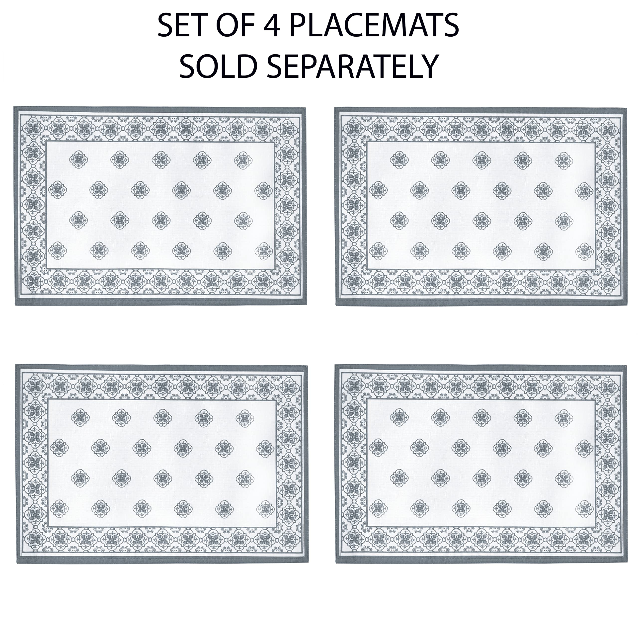 Premium Newbridge Rectangle Fabric Placemats Set of 4 - Mykonos Grey Mediterranean Style, Stain Resistant & Wrinkle-Free for Indoor & Outdoor Use - Perfect for Dining Table, Patio, and Entertaining
